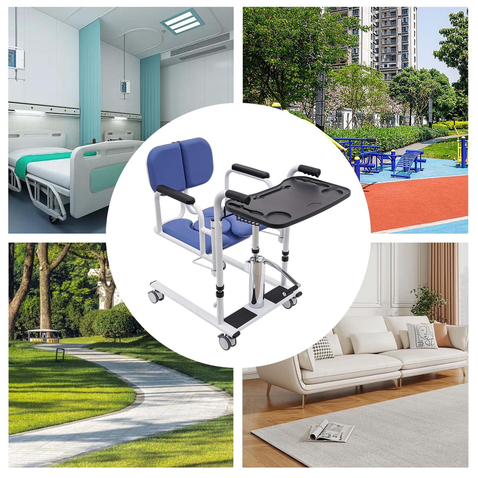 Silla de ruedas de transporte portátil para personas mayores Elevador hidráulico de pacientes para el hogar 57 x 68 x 91-105 cm Número de ruedas universales: 4 Azul