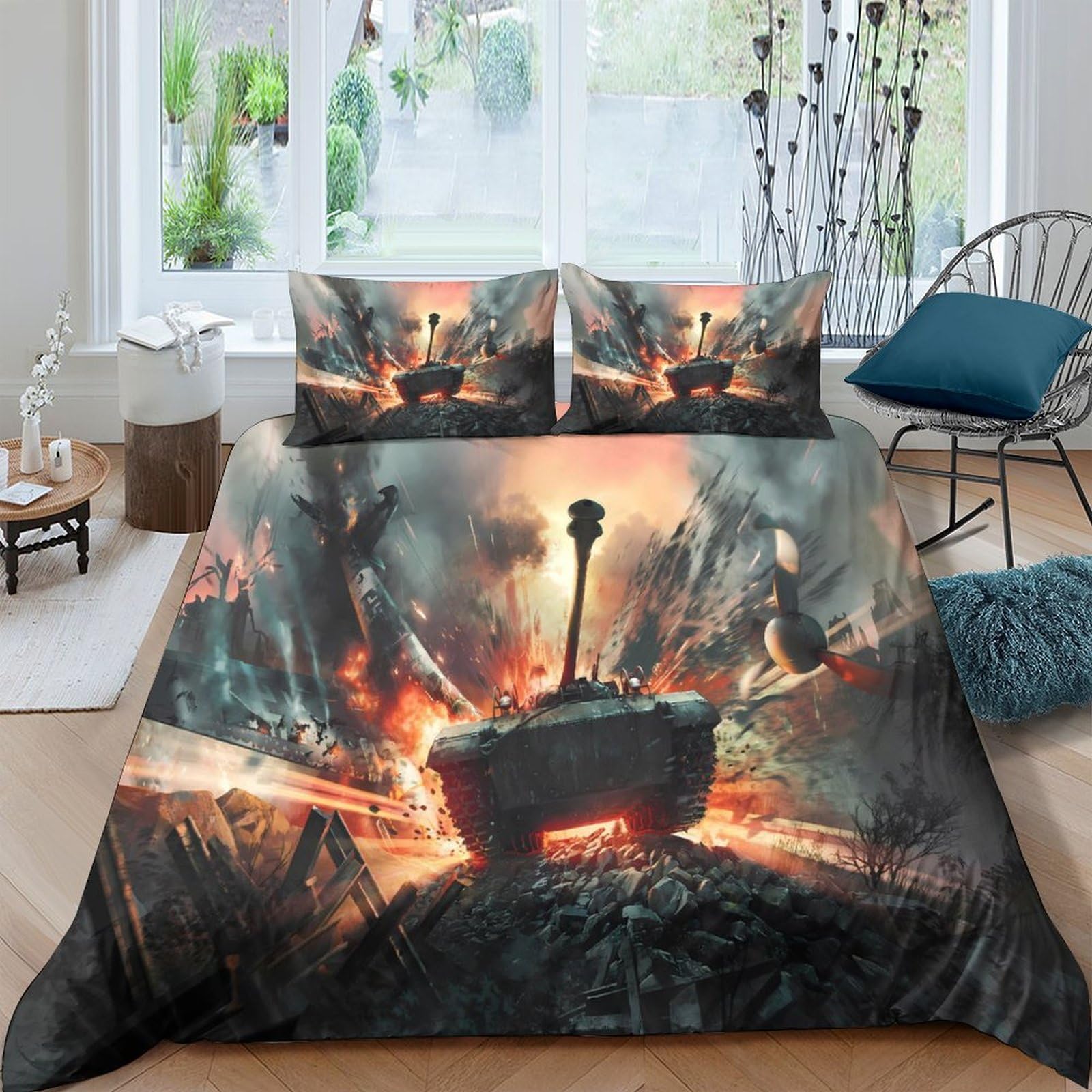 Ctjqhvkz Style-6 3D Printed War Tank Explosion Fitted Sheet Microfiber Soft Bedroom Decor Fire Battlefield Mattress Cover Single（135X200cm）