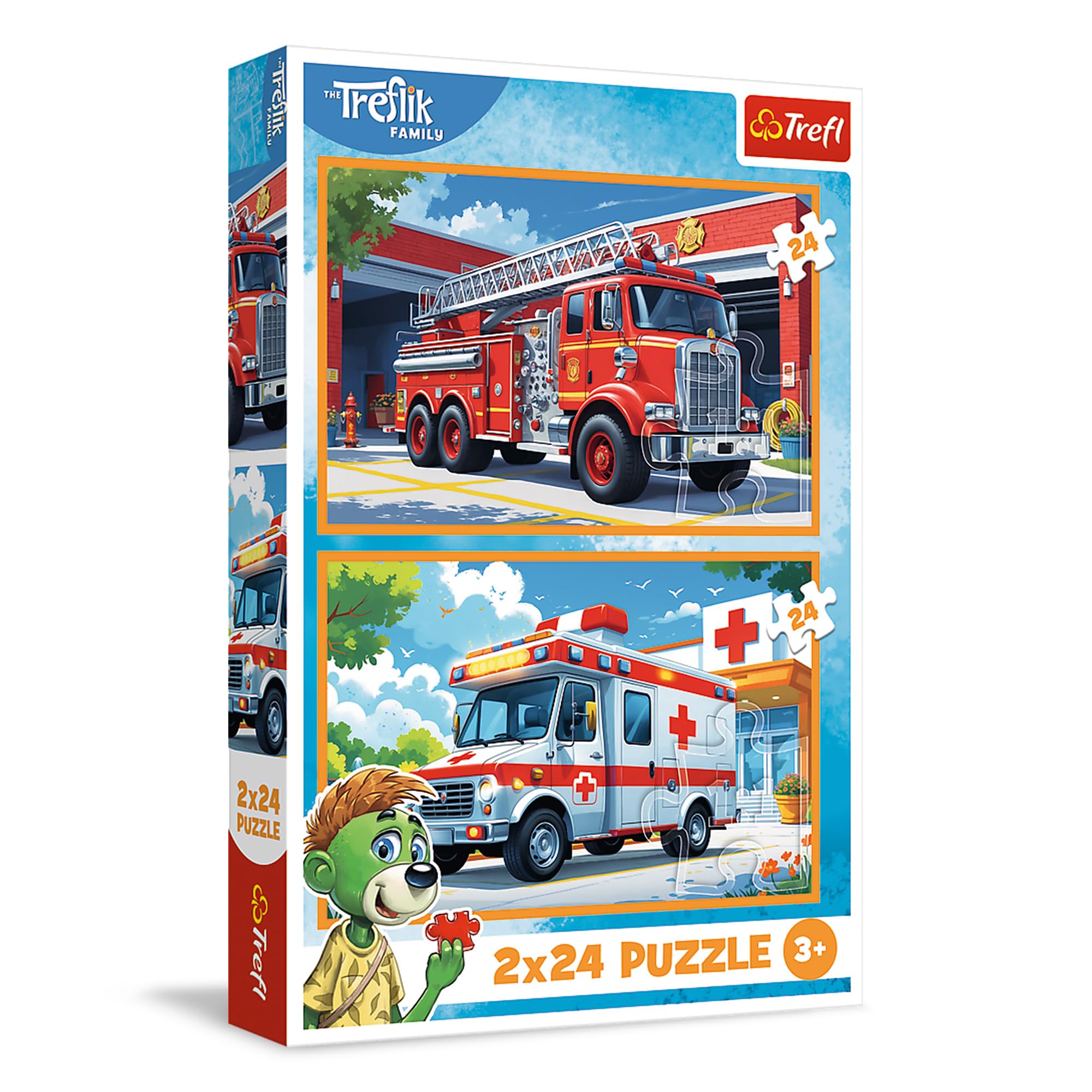 Trefl - Puzzle 2w1: The Treflik Family, Straż Pożarna i Karetka - 2 x 24 Elementy, Zestaw Dwóch Układanek dla Dzieci od 3 lat