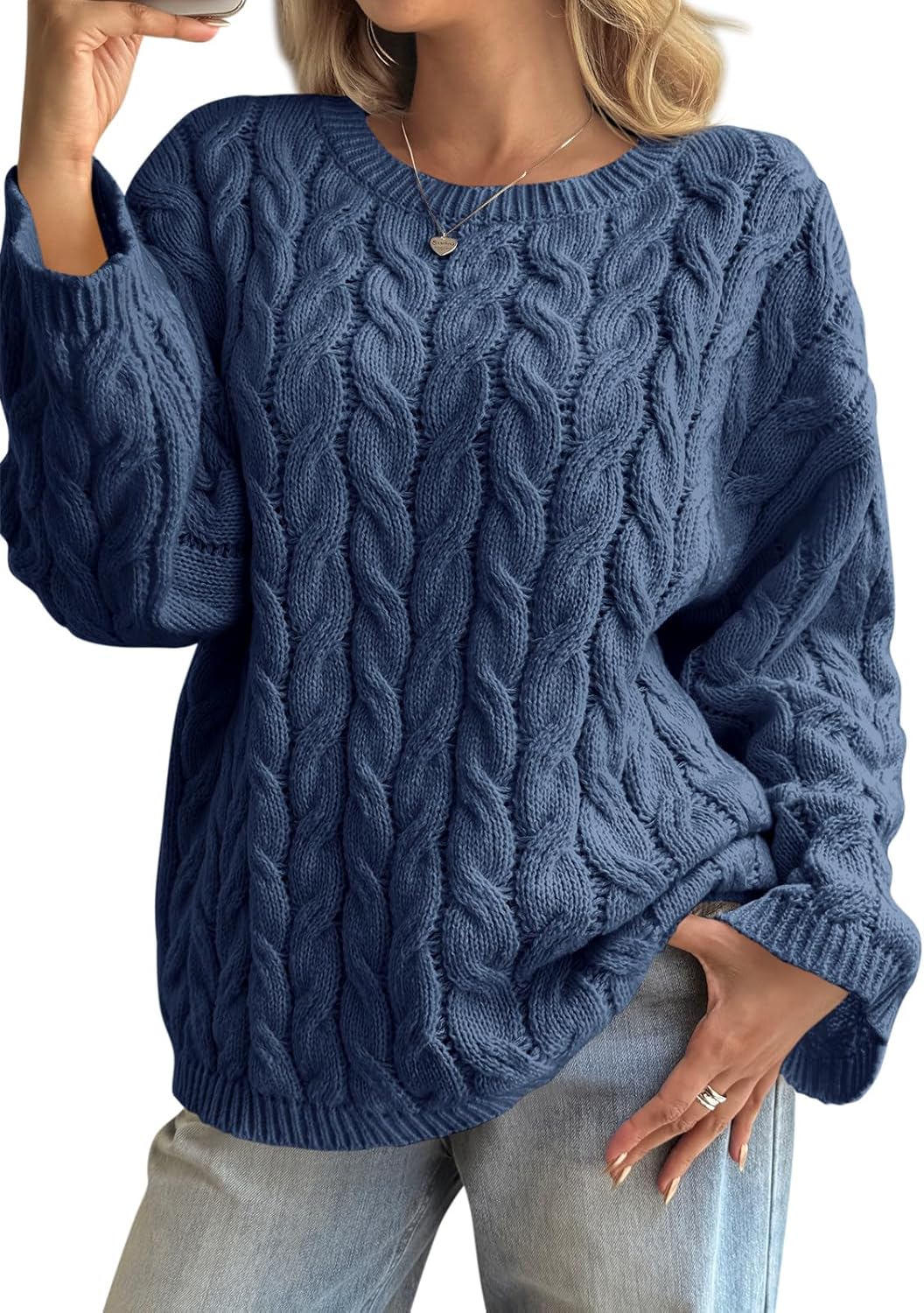 Cicy Bell Womens Oversized Cable Knit Sweaters Long Sleeve Crewneck Chunky Loose Fit Pullover Tops - Image 2