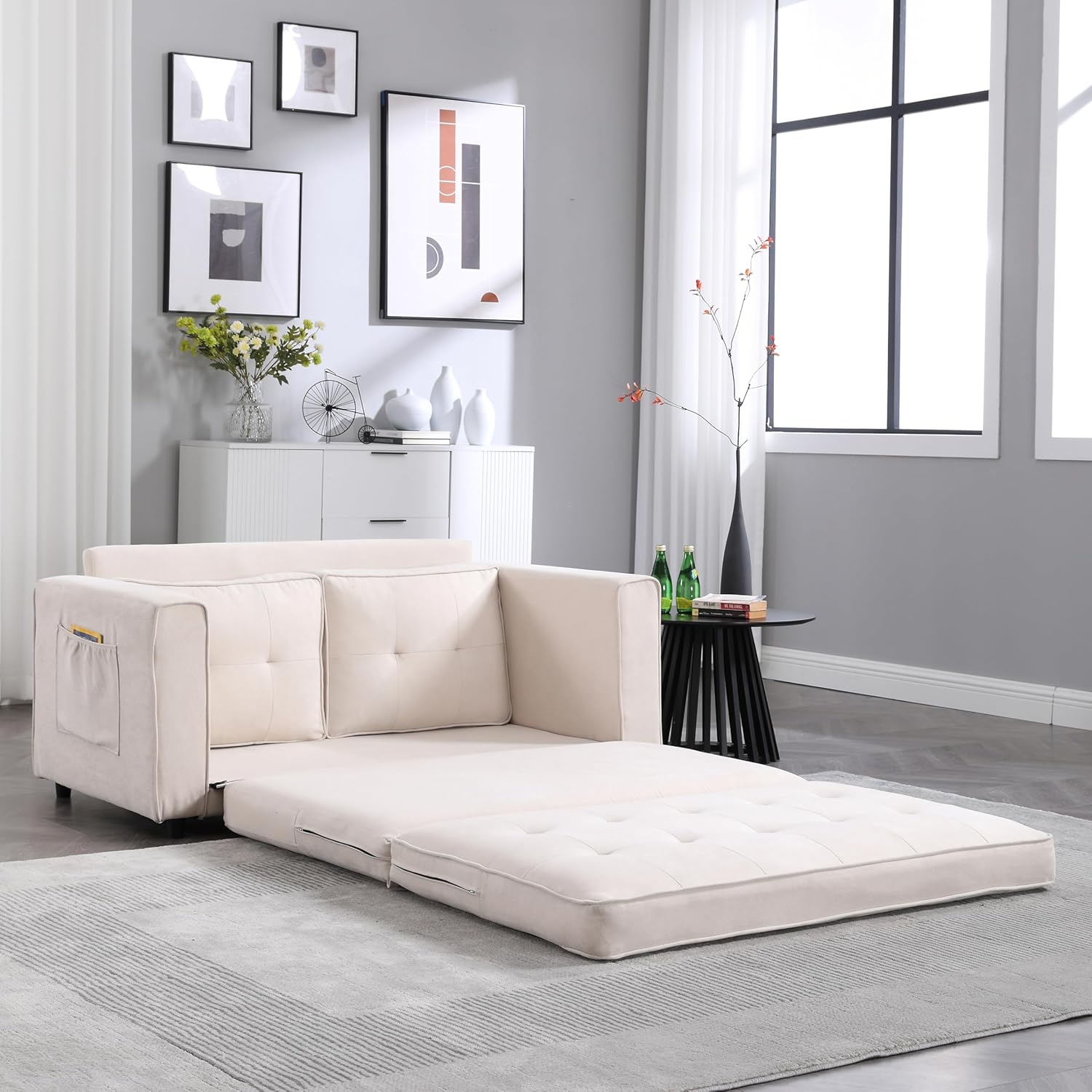 3-in-1 Convertible Sleeper Pullout Bed with 2 Side Pocket, Upgraded Loveseat Futon Sofa Bed Foldable Floor Couch Bed for Living Room,Beige