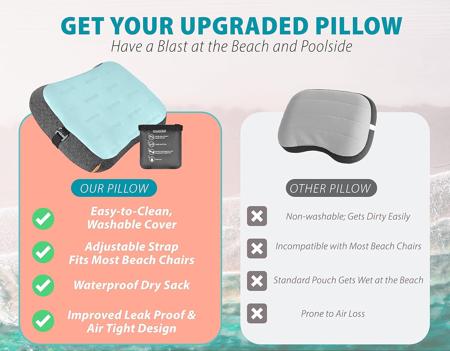 TREKOLOGY Beach Pillow for Sand, Inflatable Pillow for Beach with Removable Cover, Aluft Mint Beach Gear - Outdoor Pool Pillow, Stay Put on Windy Beaches with Sand Bag & Beach Chair Pillow with Strap