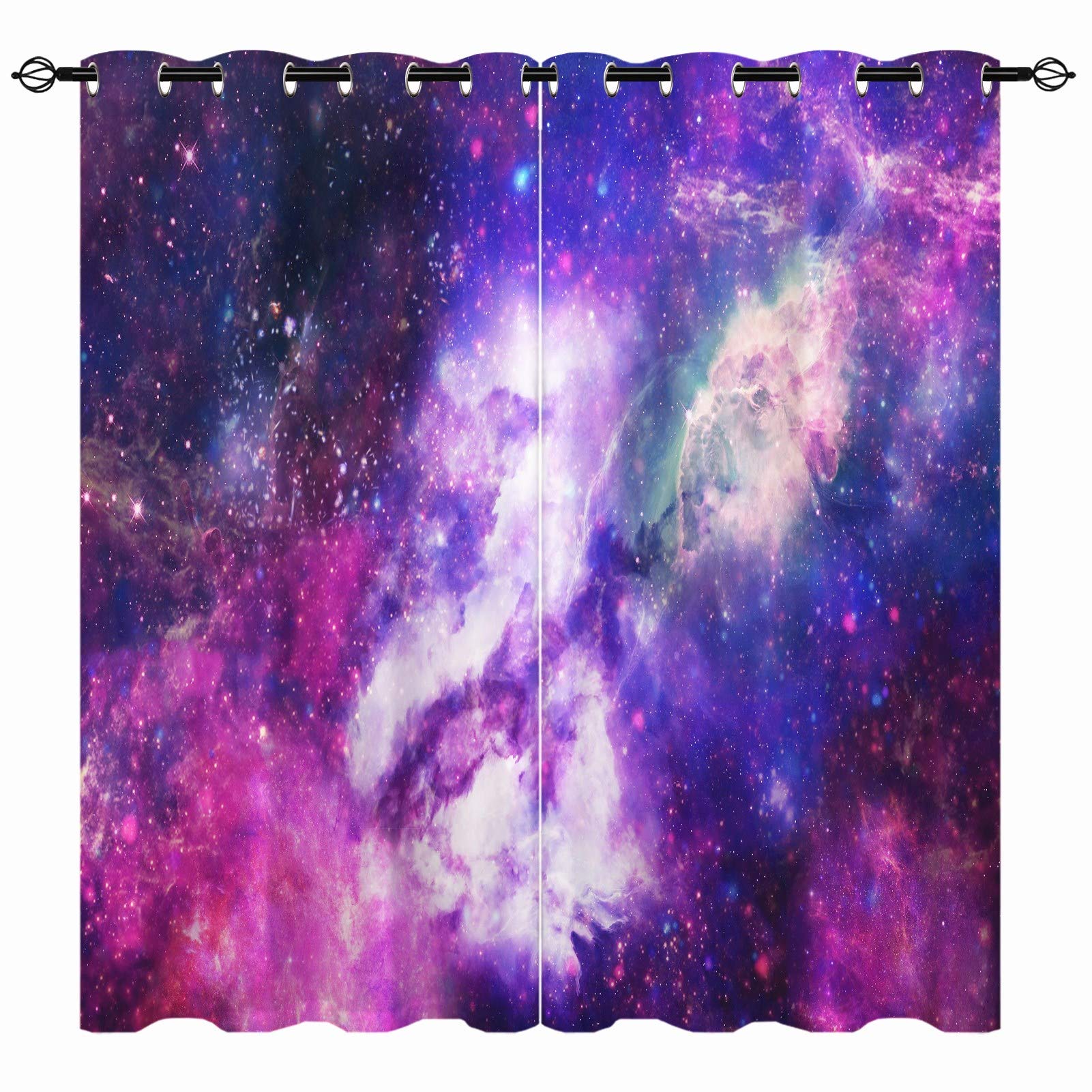 Yuanzu Boys Multi 2 Space Curtains, Galaxy Universe Nebula Starry Sky Planet Stars Print 3D Pattern Eyelet Thermal Insulated Blackout Curtains For Kids Girls Bedroom Playroom 2 Panels Each W168cm X D137cm