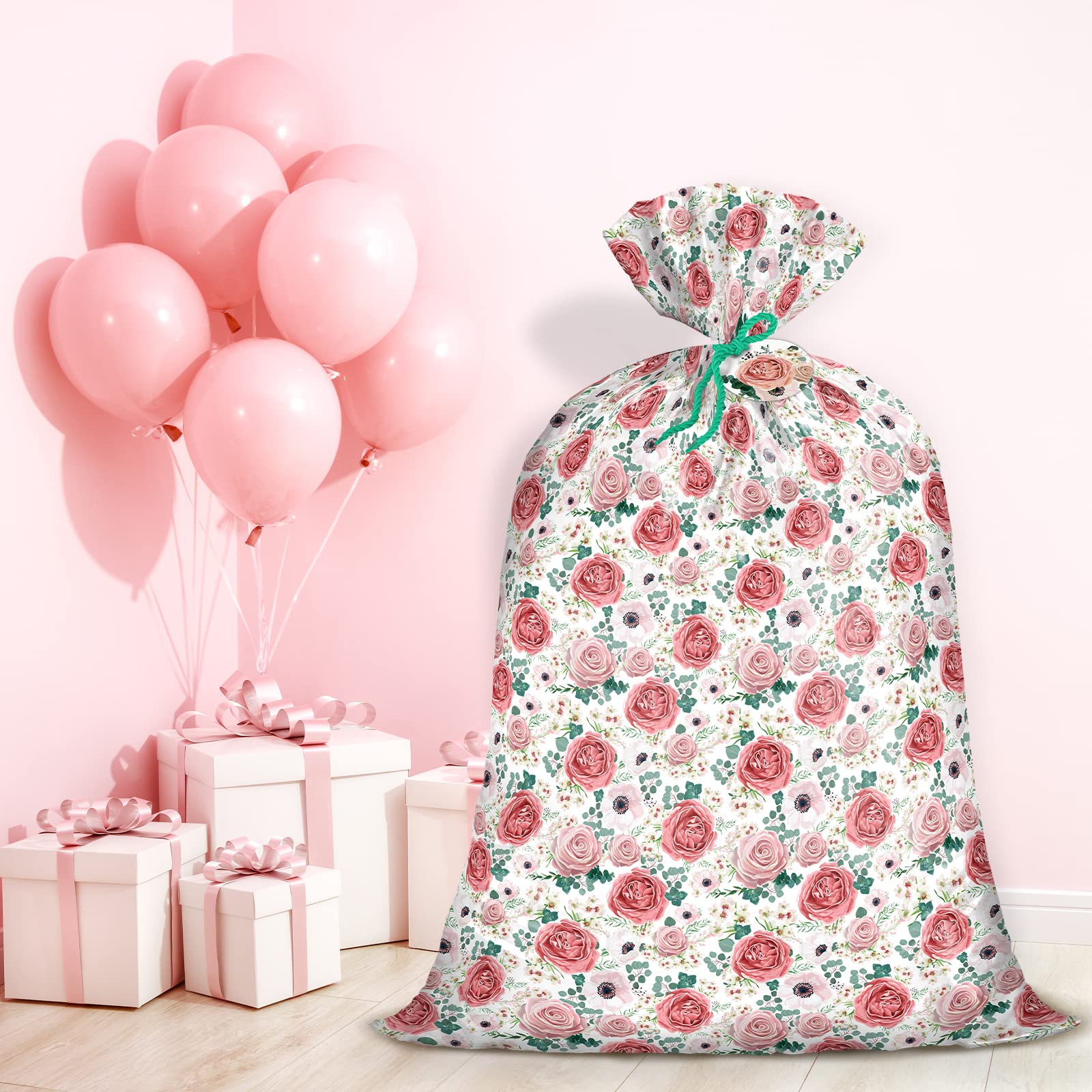 WRAPAHOLIC 56" Large Plastic Gift Bag - Pink Floral Jumbo Bike Bag Gift Wrap for Birthdays, Mother's Day, Wedding, Baby Shower, Parties, or Any Occasion - 56" H x 36" W