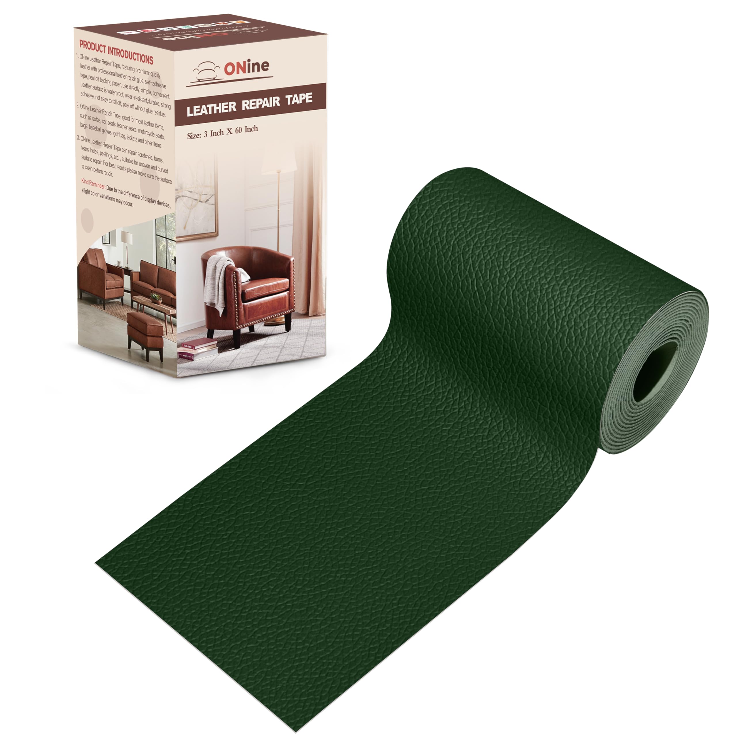 ONine Leather Repair Patch，Leather Repair Tape, 3 x 60 inches Leather Repair Patch for Furniture,Vinyl Repair kit，Leather Couch Patch，for Sofas, Furniture(Blackish Green-Litchi Grain)