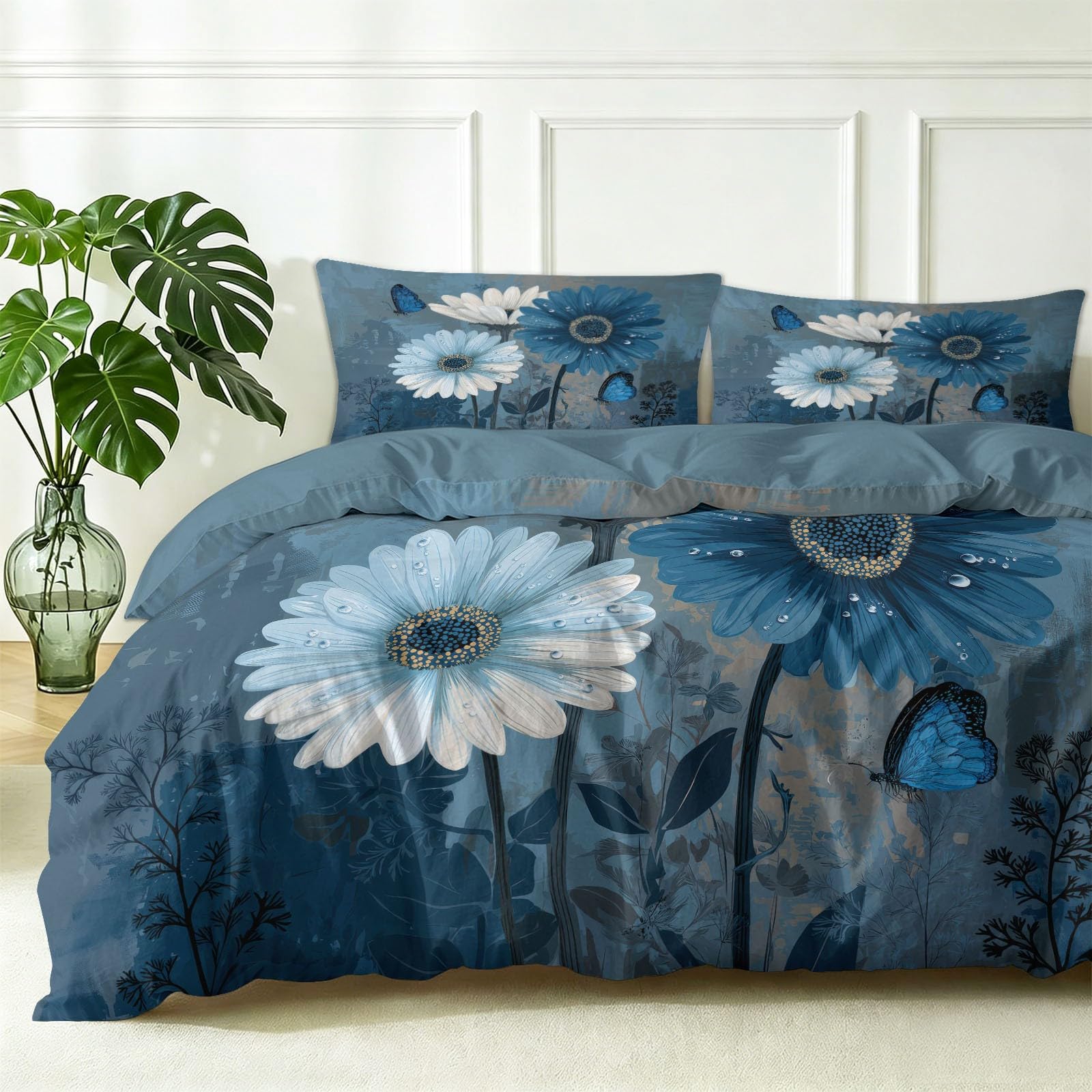 Biancheria da letto moderna in microfibra, 155 x 220 cm, motivo floreale e margherite, reversibile, traspirante, utilizzabile tutto l'anno, con 2 federe da 80 x 80 cm