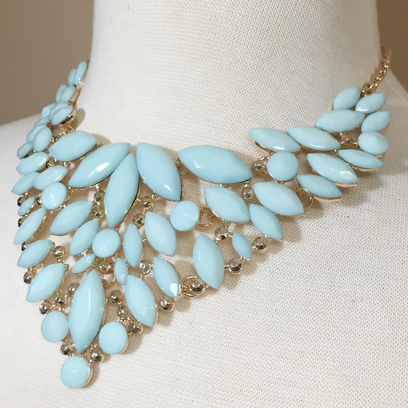 Gypsy Jewels Unique Cluster Bib Statement Boutique Style Gold Tone Necklace & Earrings Set - Assorted Colors (Light Blue)