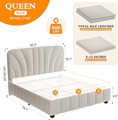 Miniatura 2 de Marco de cama tamaño Queen Boucle tapizado con cabecera ajustable, soporte de listones de madera maciza, cama para dormitorio, apartamento,