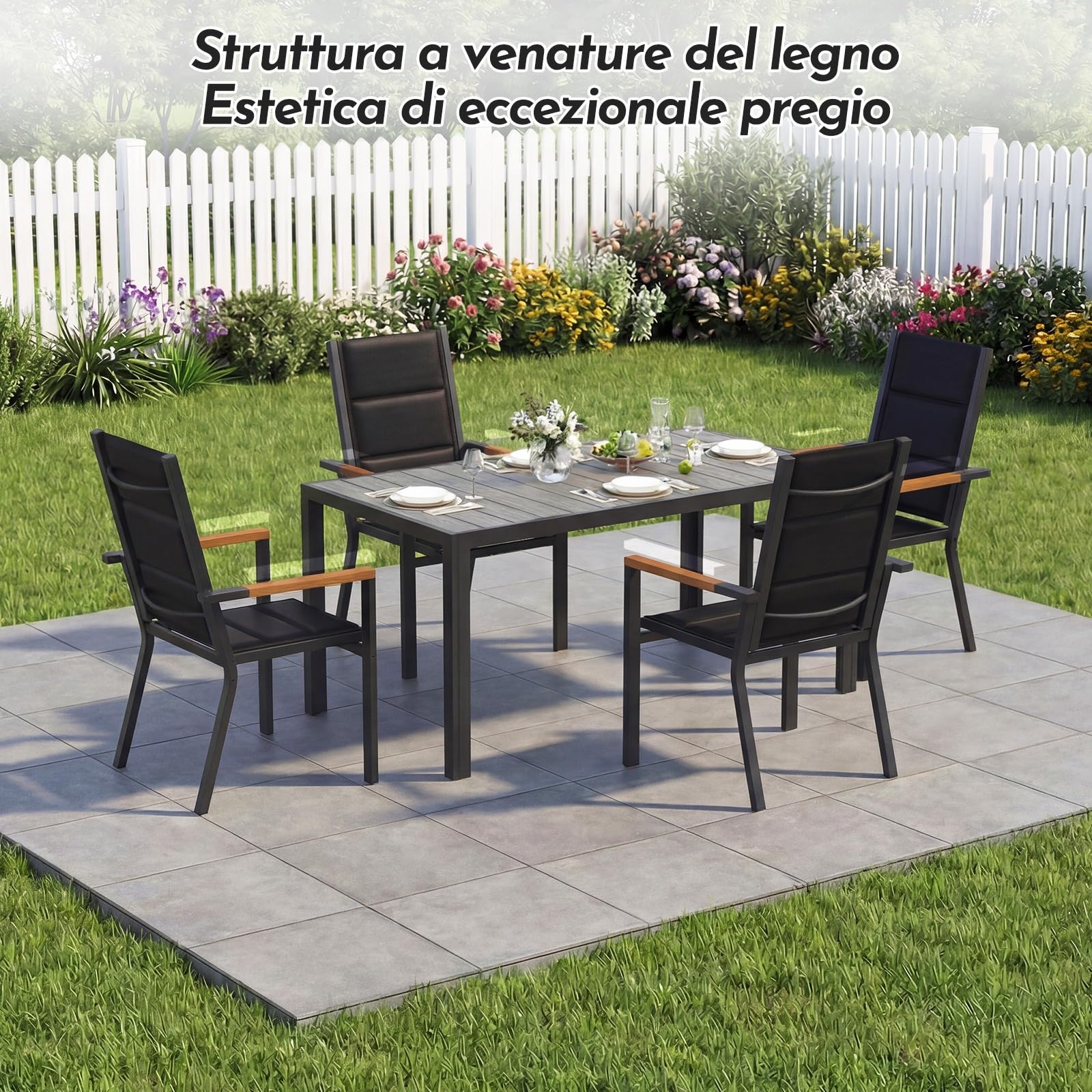 Devoko Set Arredo Giardino 4 Persone Tavolo 150 cm Design Vena Legno Sedie Impilabili Alluminio Grigio