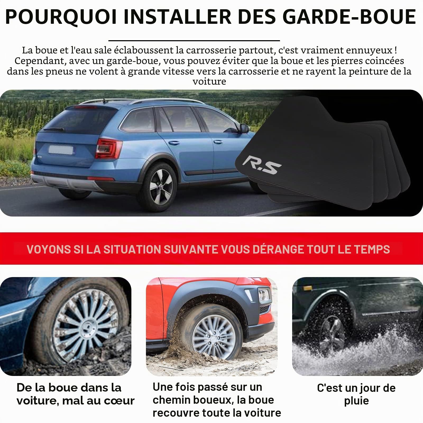 XUKEY Lot de 4 bavettes garde-boue universelles en fibre de carbone pour voiture, camionnette, SUV, camionnette, camion, garde-boue avant et arrière avec matériel