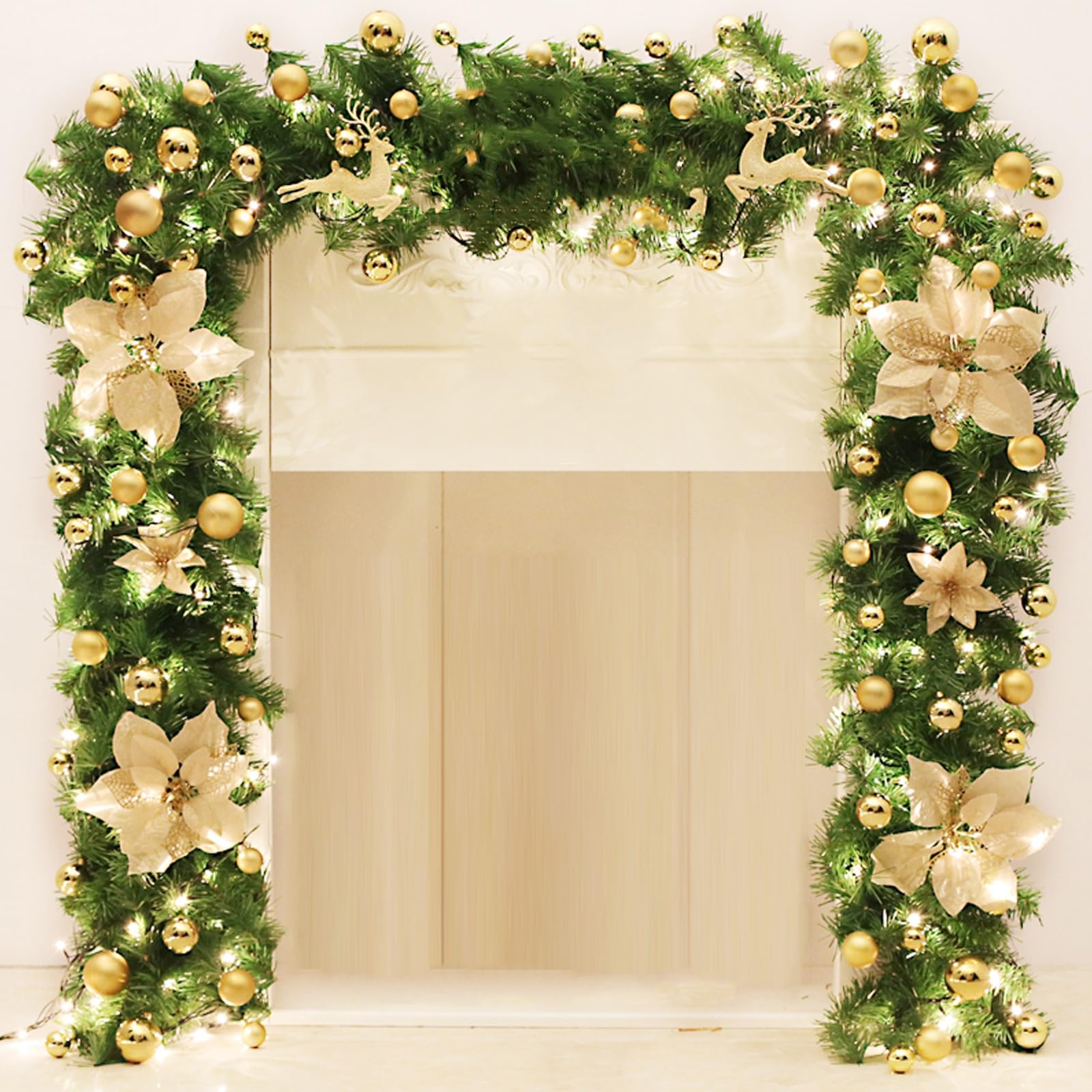 OPFdfhDFH Christmas wreaths, 9 FT Garlands for Decoration Christmas, Decorated with Flower, Balls, Home Garden Artificial Greenery, or Wedding Party(Gold)