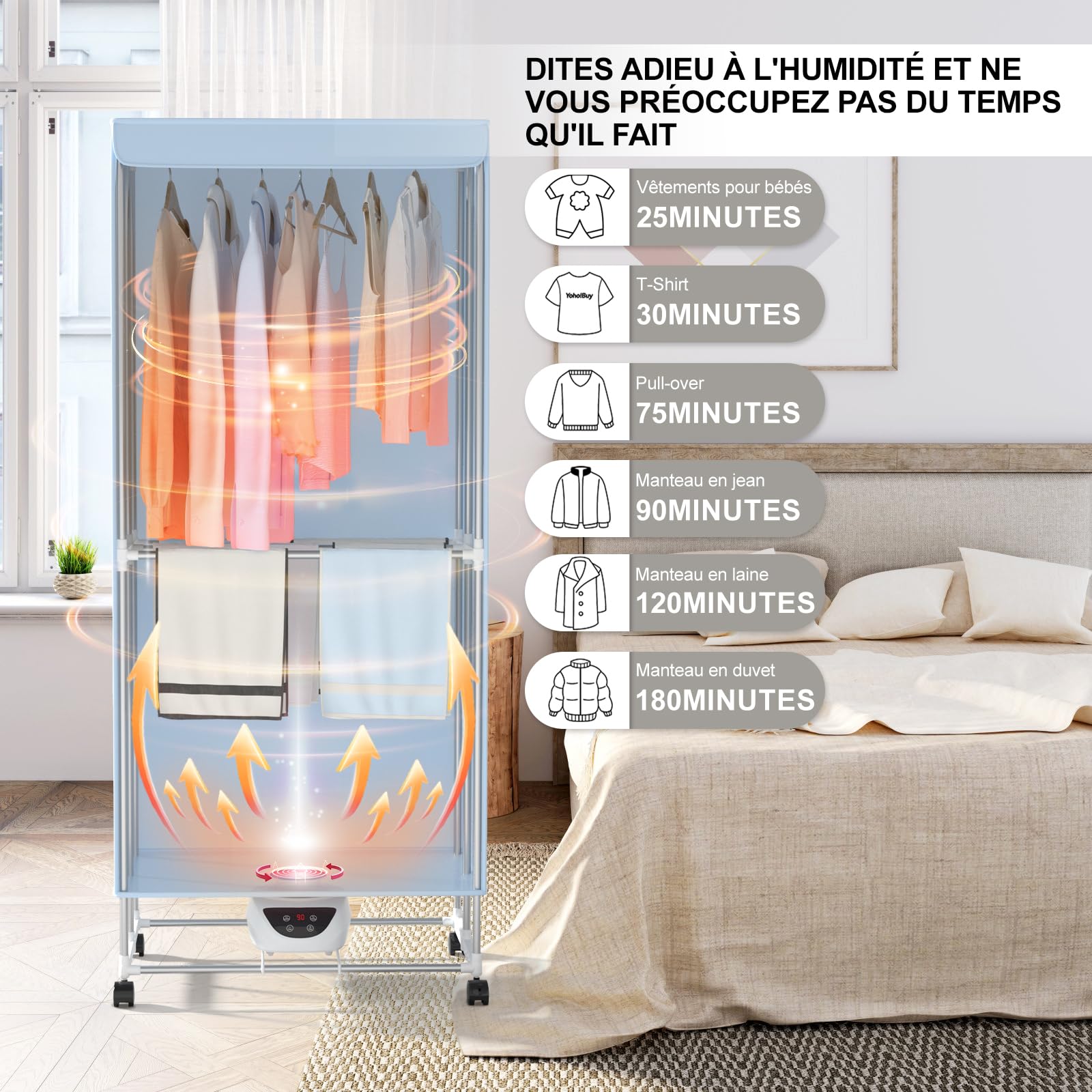 Innotic Sèche Linge Electrique Chauffant, 2 Niveaux Séchoir à Linge Pliable, Etendoir Linge Electrique avec 4 Roues, 1500W Séchage Rapide, Grande Capacité, Acier Inoxydable, Bleu