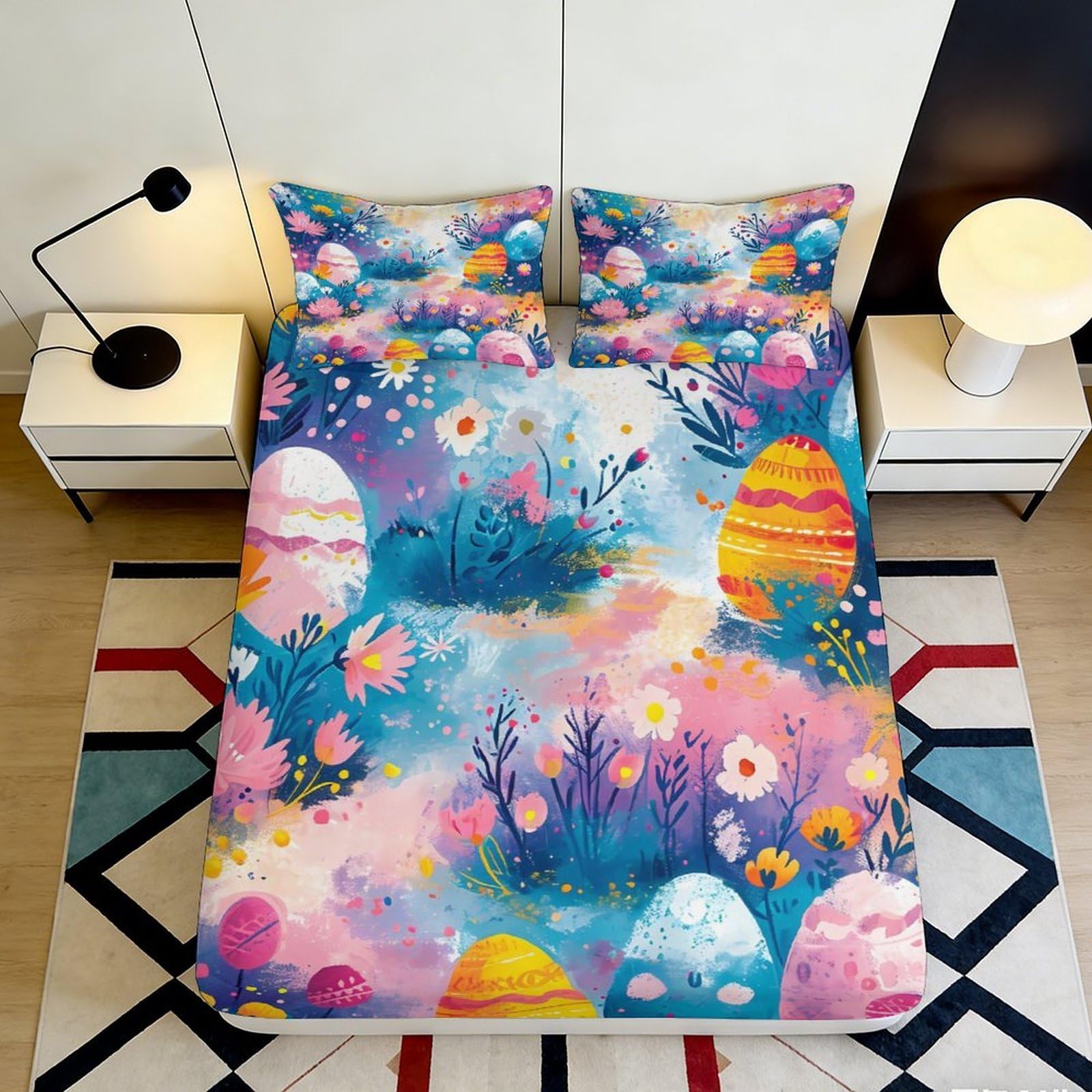 3D Printed Easter Egg Meadow Fitted Sheet Microfiber Soft Pastel Floral Mattress Cover for Bedroom Dorm Decor 90x200x25cm