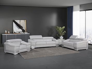 Blackjack Furniture Salerno Modern Contemporary Top Grain Italian Leather Living Room Chair, Loveseat, Sofa, 3-Piece Set, Rhino Gray