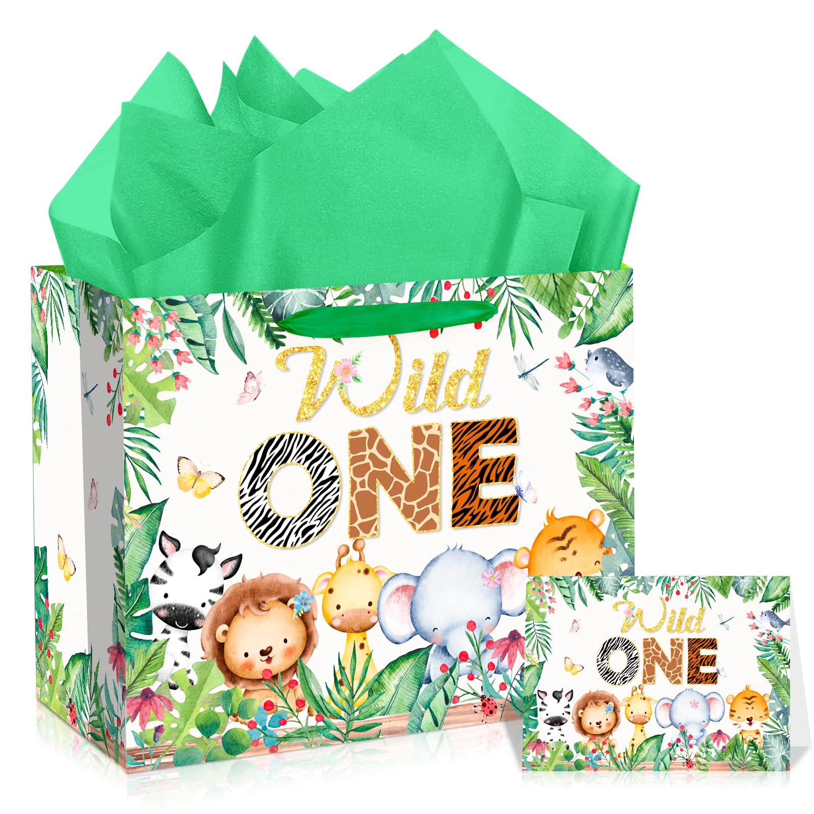 Wild One Birthday Gift Bags for Boys Jungle Animal 1st Birthday Wrapping Bag with Tissue Paper Greeting Card Safari Woodland Animal Favor Bag Baby Shower Party Supplies
