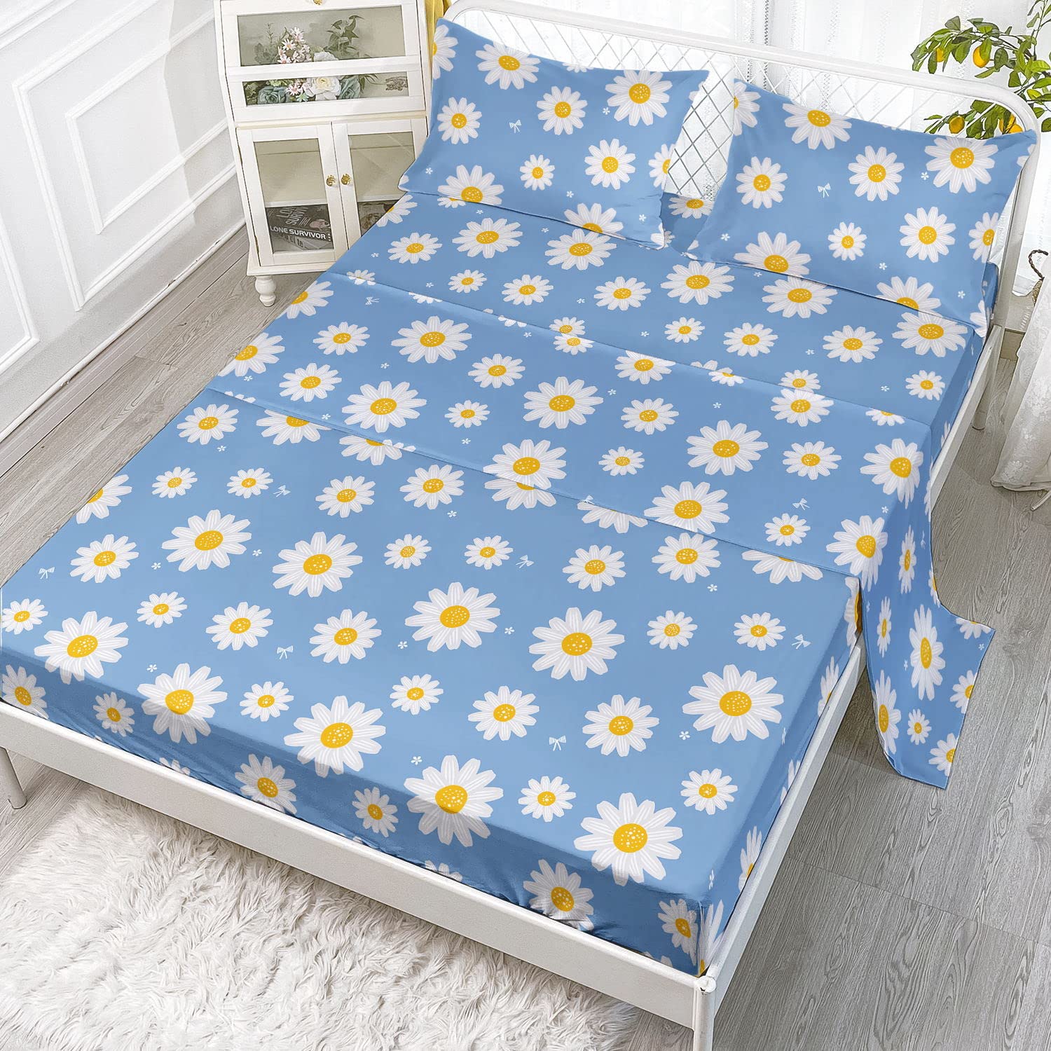 Parure de lit pour enfants 4 pièces bleu marguerite anti-drap qui glisse