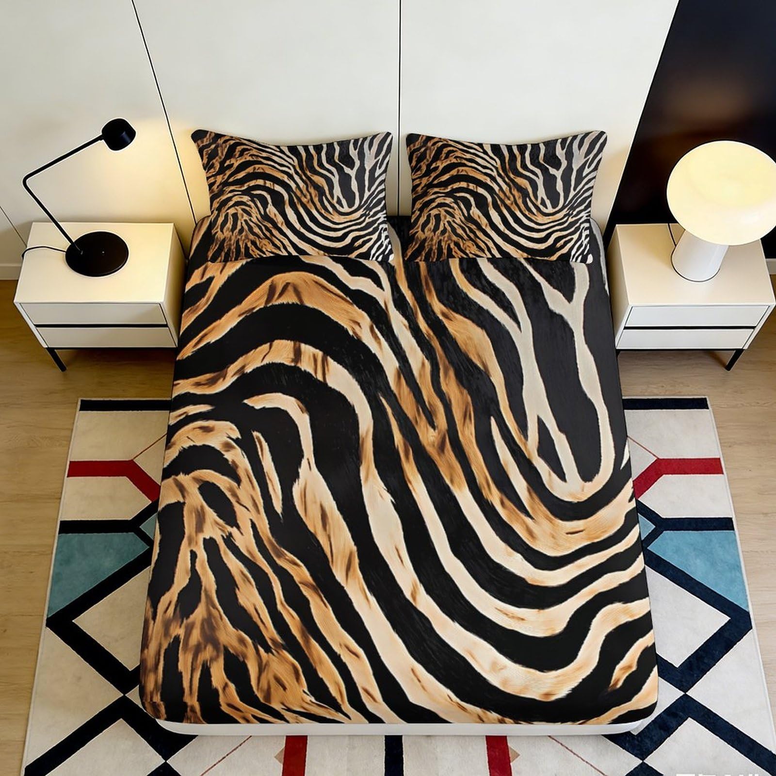 3D Printed Zebra Stripe Fitted Sheet Microfiber Soft Anti-Slip Tiger Pattern Mattress Cover for Bedroom Guest Room Decor 90x200x25cm
