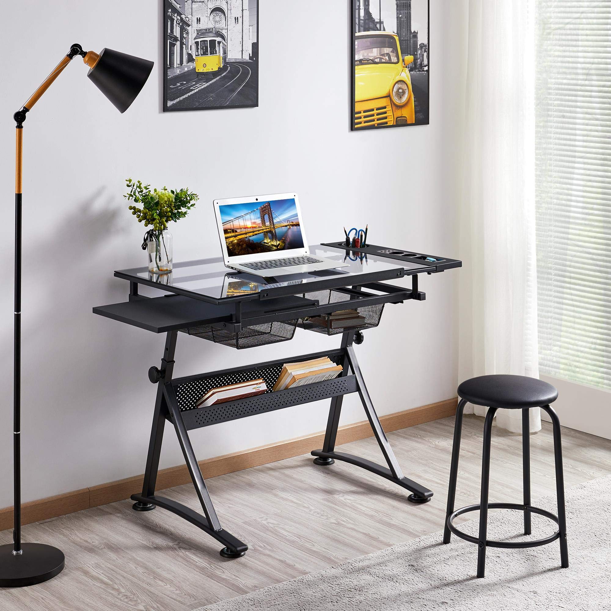 Abician Table à Dessin Inclinable en Verre avec Tabouret Bureau à Dessin Réglable en Hauteur et 2 Tiroirs de Rangement pour Adulte, Noir