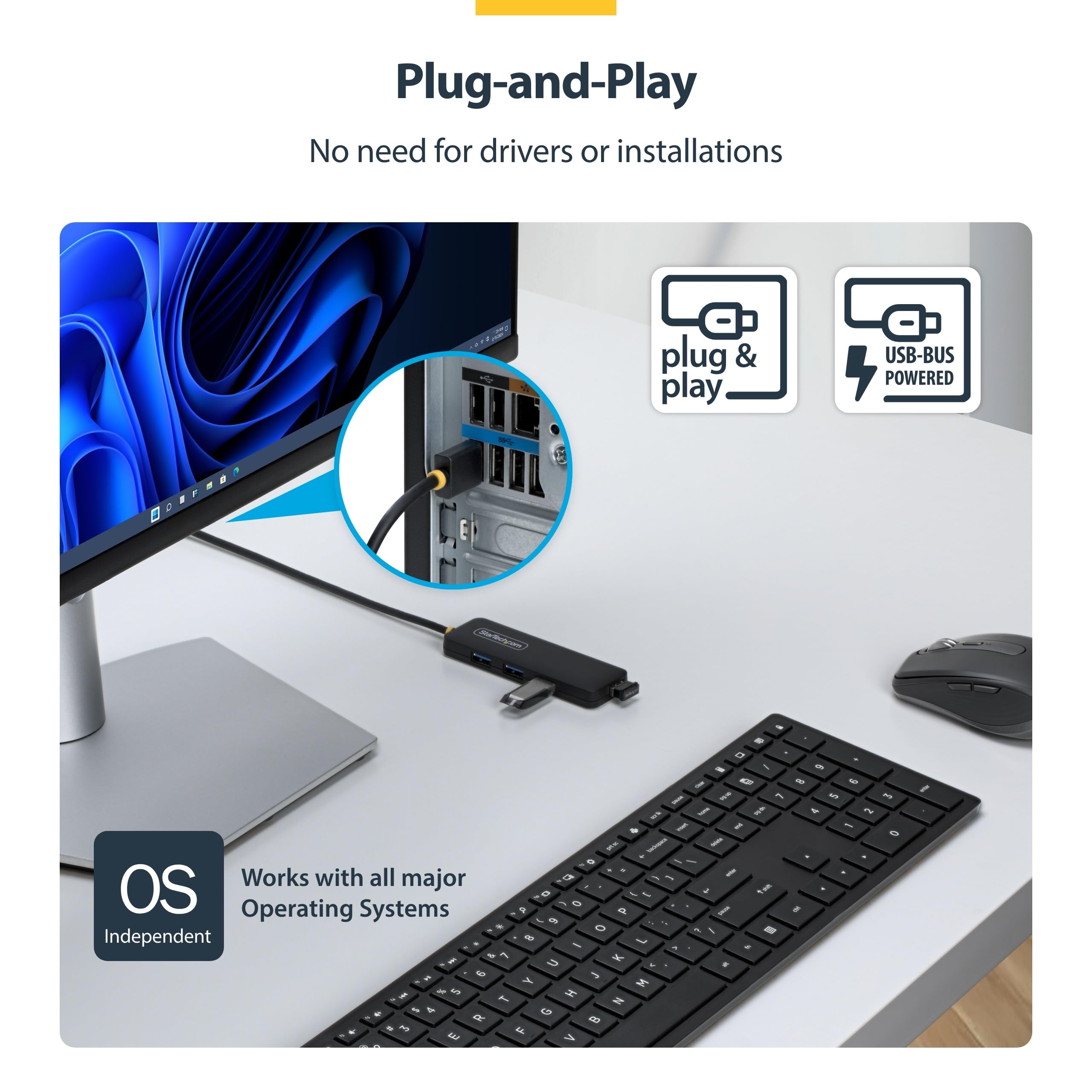 StarTech. com 4-portowy hub USB-A, zasilany magistralą, mini hub z 4 portami USB-A 5 Gb/s, do laptopa/komputera stacjonarnego; wbudowany kabel 61 cm, wykonany z tworzywa PRC