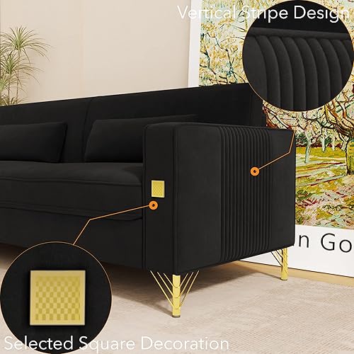 Miniatura 5 de SHUSHI - Sofá de terciopelo negro de 85.63 pulgadas para sala de estar, sofá grande y moderno con patas de metal dorado, tapizado para oficina,