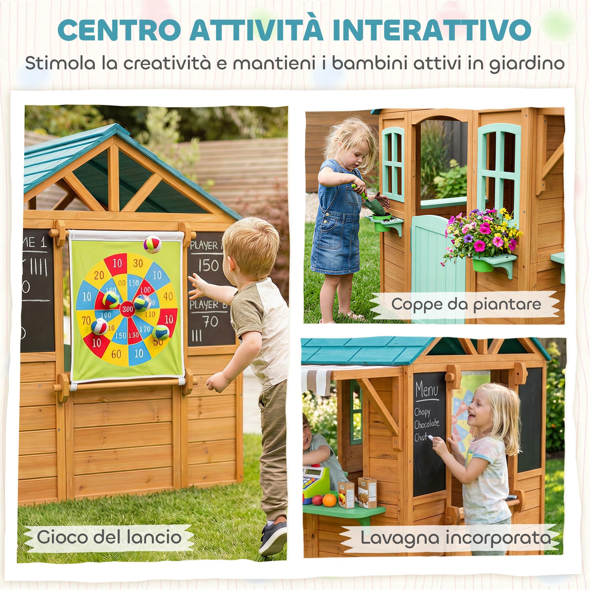 AIYAPLAY Casetta da Giardino per Bambini in Legno Abete, Casetta per Bambini Esterno, Finestra, Snack Bar, Mezza Porta, Portavasi, Telo Bersaglio, 4 Palline, Lavagna, 3-6 Anni, 142x120x141.5cm, Giallo