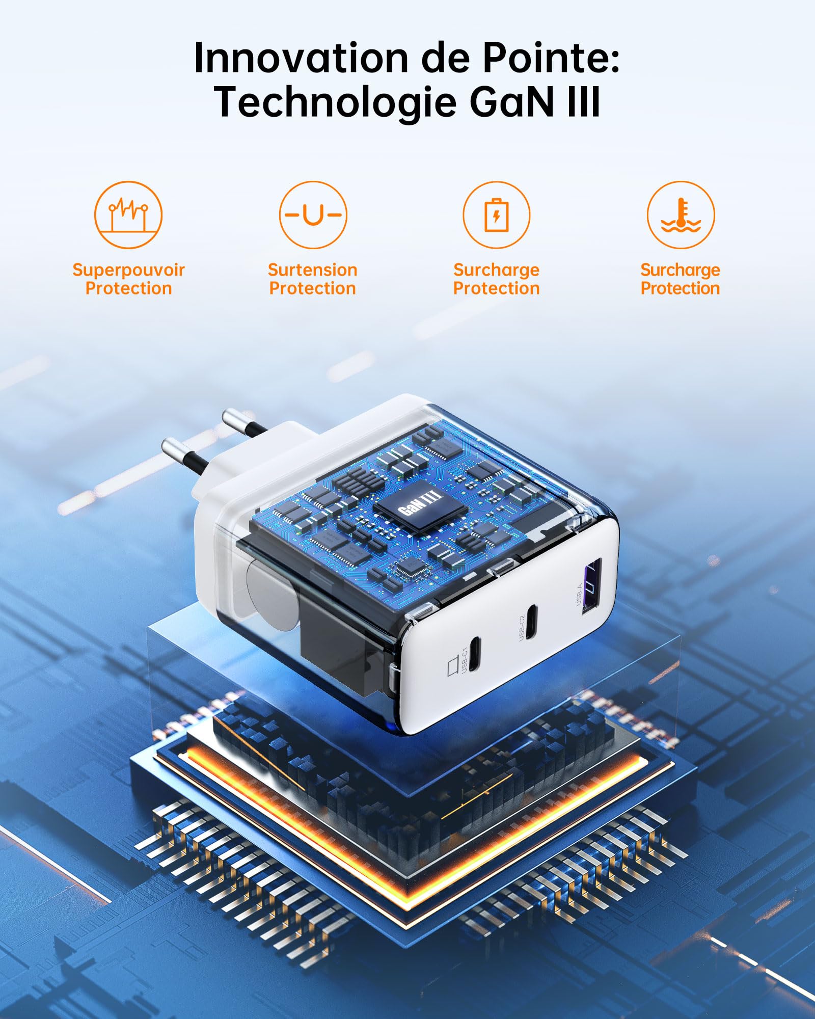 NOVOO GaN III Szybka ładowarka USB-C 120 W, kompaktowa 3-portowa uniwersalna ładowarka PPS z 1 kablem PD 100 W typu C, do MacBook Pro 14'', Dell XPS 13, iPad Pro, iPhone 15, Galaxy S23, Note20, Apple