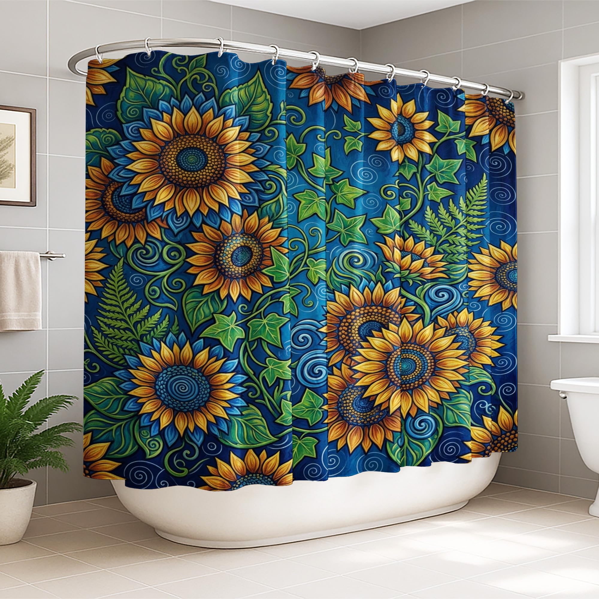 Rideau de douche extra large imperméable anti-moisissure tissu bleu motif tournesol
