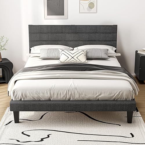 Miniatura 11 de VINGLI Base de cama de plataforma tamaño Queen con cabecera de tela de lino, cama moderna de perfil bajo con soporte de listones tapizados y Gris