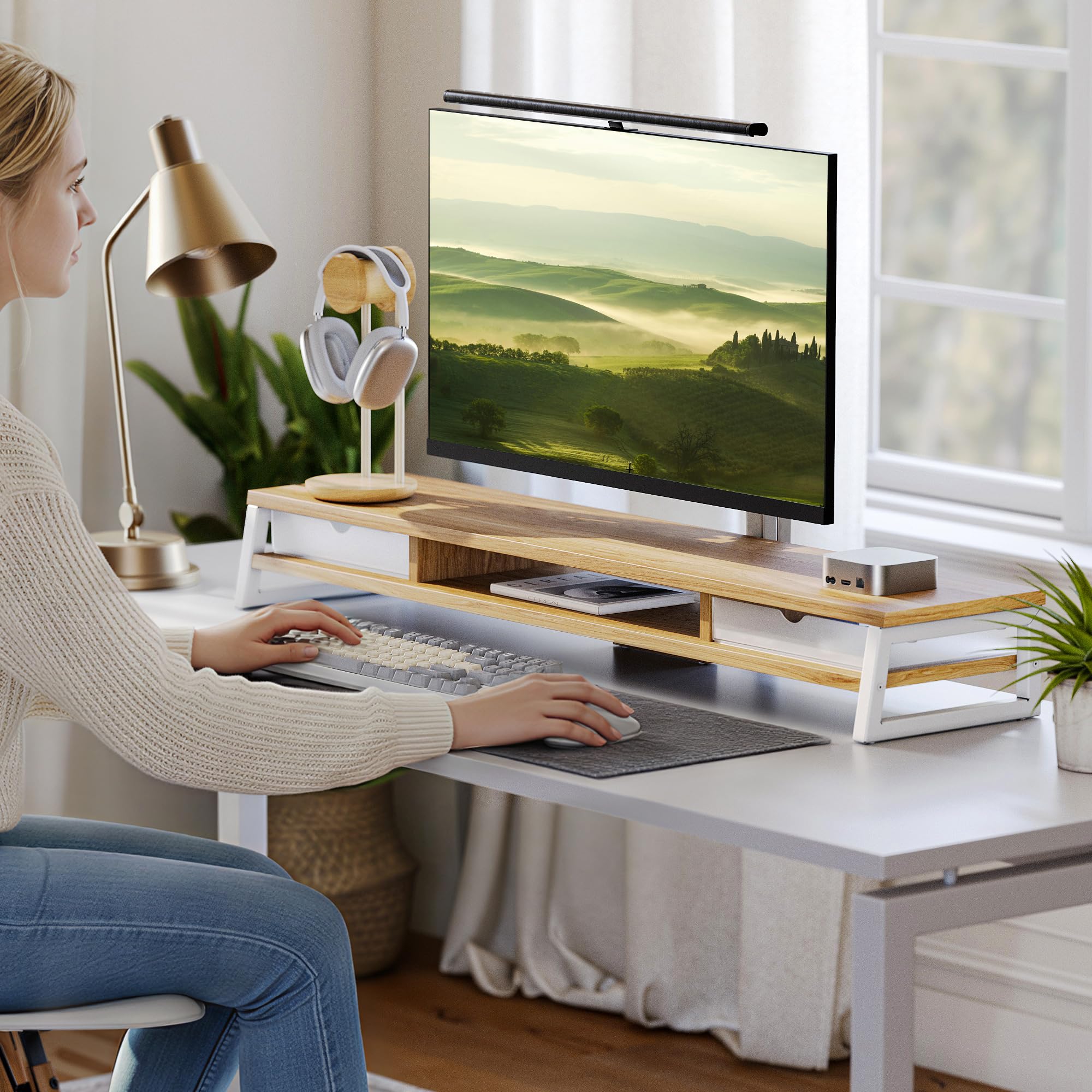 Fenge Supporto doppio per monitor con 2 cassetti in acrilico, 2 ripiani, 108 cm, per PC, laptop, fax, stampante, TV, portata 45 kg (rovere scuro)