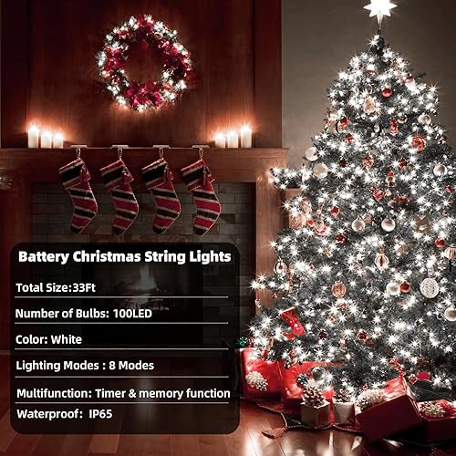 Miniatura 9 de Luces de Navidad de 33 pies, 100 LED, funciona con pilas, funciona con USB o pilas, impermeable, para interiores y exteriores, fiestas, bodas