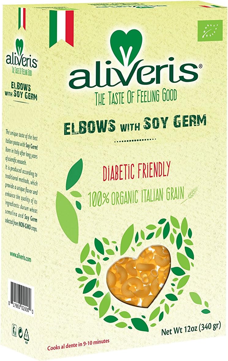 Aliveris Diabetic Friendly Pasta with Soy Germ – Elbows – USDA Organic – NON GMO- Vegan – Bronze Cut - Made in Italy - 12 Ounce (Pack of 1)