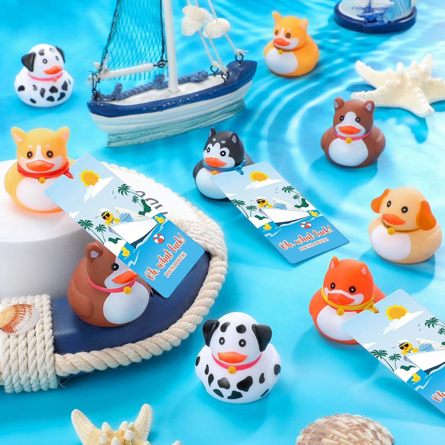 48 Sets Dog Rubber Duckies, Mini Cruise Duck Tag Kit Includes 48 Small Dog Ducks 48 Cruising Tag Cards 48 Rubber Bands Floating Duck Pool Bath Toys for Carnival Rewards Party Favor