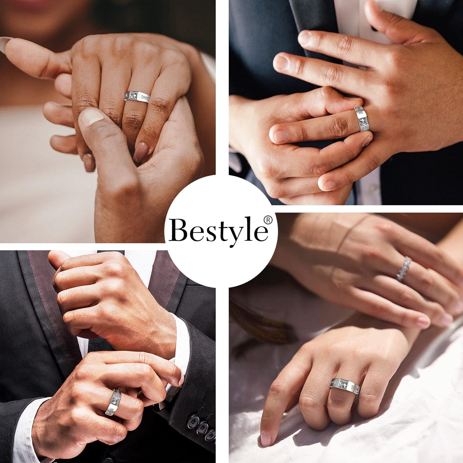 Bestyle Sterling Silver Ring for Men Wedding Band for Him, Black/White Gemstone Ring Silver Mens Signet Pinky Ring, Love Promise Ring for Dad/Husband, Size 6-13 - Image 3