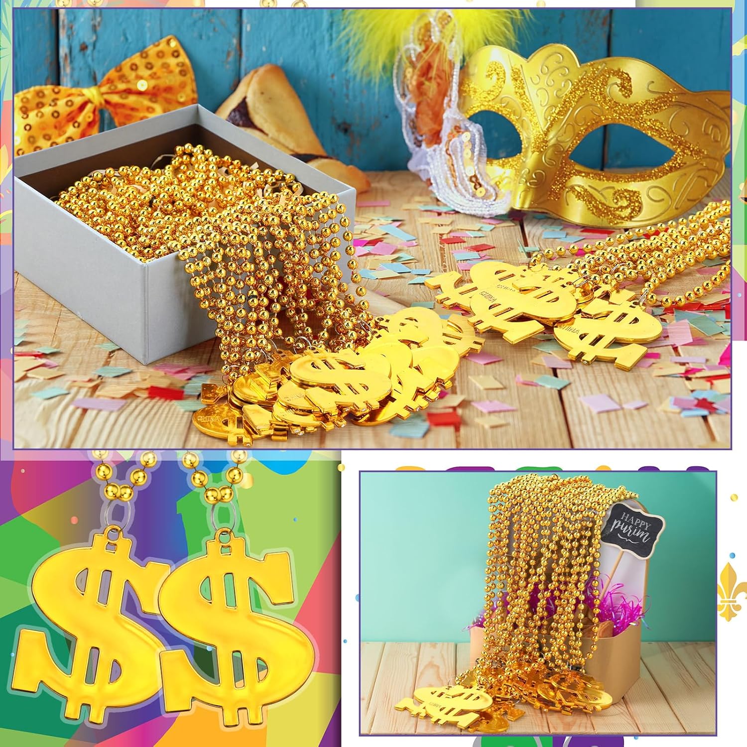 Dollar Sign Necklaces Fake Dollar Chain Jewelry Mardi Gras Beads Bling on Necklace Gangsta Hip Hop Casino Theme Carnival 250th Anniversary 1776-2026 Buchona Party Parade