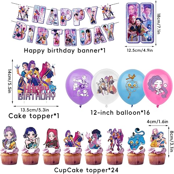 Hunters Merch - 48 decorazioni per compleanno, con striscioni Happy Birthday, palloncini con lettere e decorazioni per torte Demon e fan (6 anni d'old) - 2