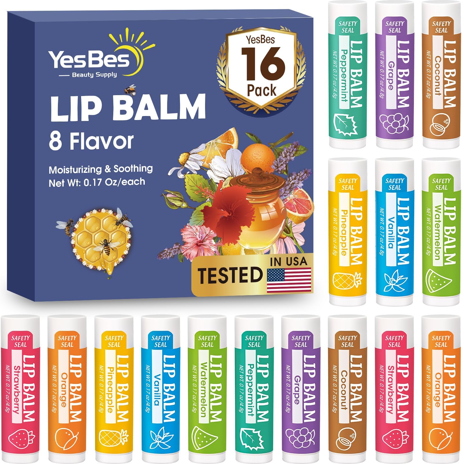 YesBes 16 Pack Lip Balm, Natural Lip Balm Bulk with Vitamin E and Coconut Oil, Moisturizing Lip Balm for Dry Cracked Lips, Lip Balm for Stocking Stuffers - 8 Flavors