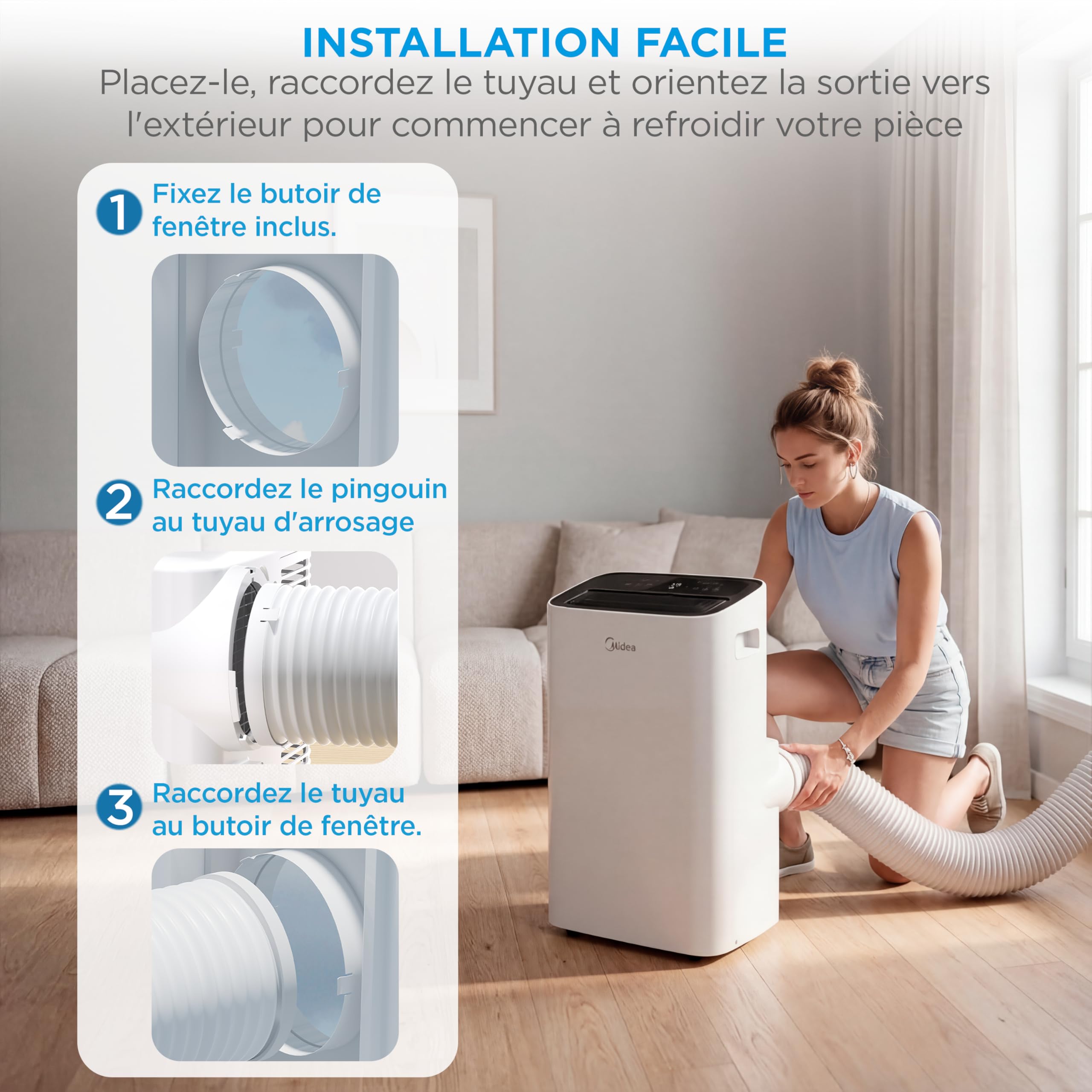 MIDEA Climatiseur Mobile Silencieux 12000 BTU avec Évacuation | 4 en 1: Climatisation, Ventilation, Déshumidification, Sleep | Clim Portable avec Contrôle App & Télécommande | Kit de Fenêtre Inclus