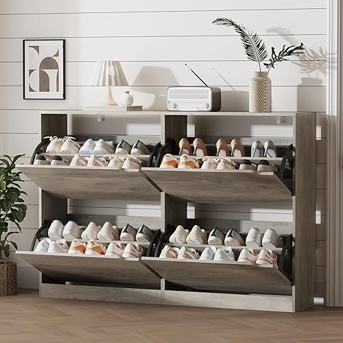 Miniatura 16 de Armario de almacenamiento de zapatos para entrada con 2 cajones abatibles, almacenamiento oculto independiente de madera, organizador de zapatos