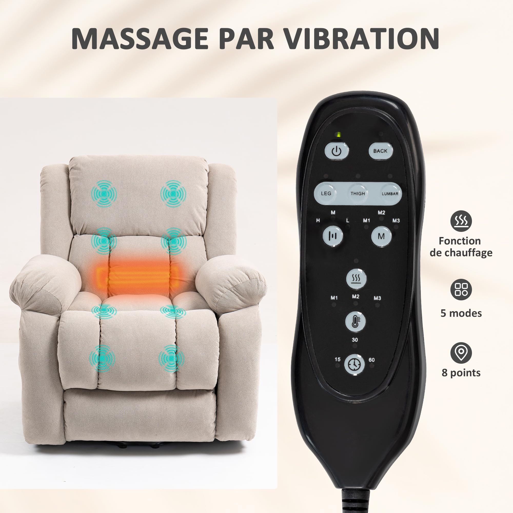 HOMCOM - Silla elevadora eléctrica con función de masaje y calefacción, sillón relax eléctrico con respaldo reclinable, puertos USB, mando a distancia, reposapiés y bolsillo lateral, color beige