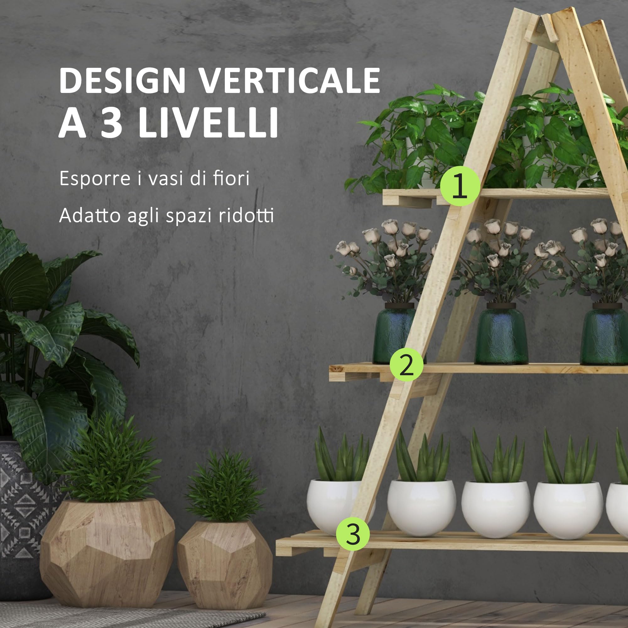 Outsunny Scaffale Porta Piante Verticale a Doghe 100x36x112 cm Color Legno | 3 Livelli Pieghevole, Fioriera in Legno di Abete, per Esterni