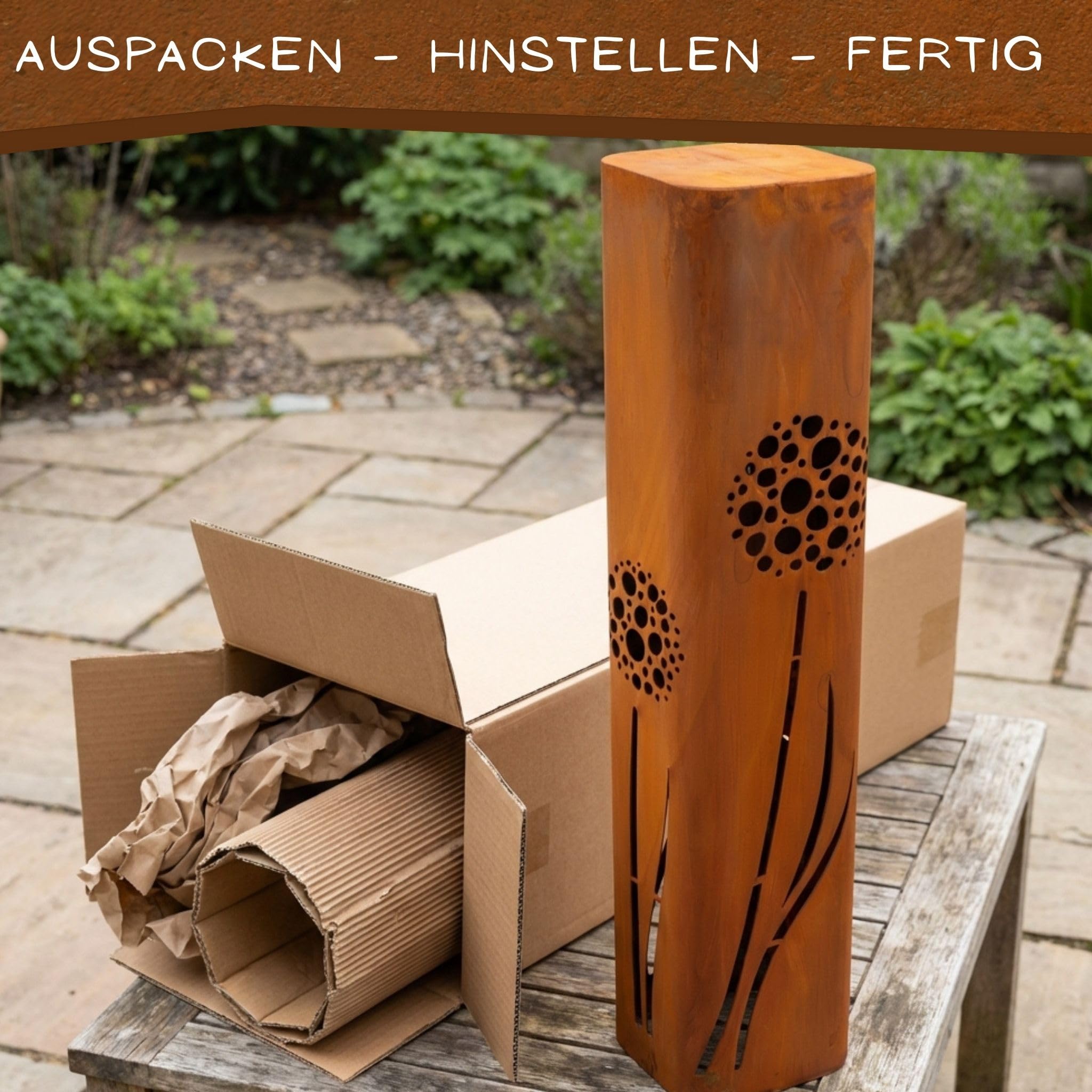 Rostikal Cortenstahl Gartensäule Pusteblume 80 cm Edelrost Gartendeko Rost | Rostsäule, Blumensäule und Dekosäule - Rostdeko Gartenskulptur, witterungsbeständig für draußen