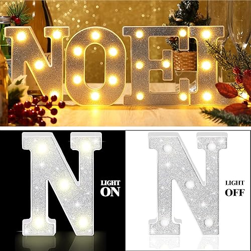 Miniatura 5 de Roowest 4 letras LED de Navidad con purpurina, letras de marquesina a pilas para Navidad, hogar, bar, fiesta de cumpleaños, decoración de mesa