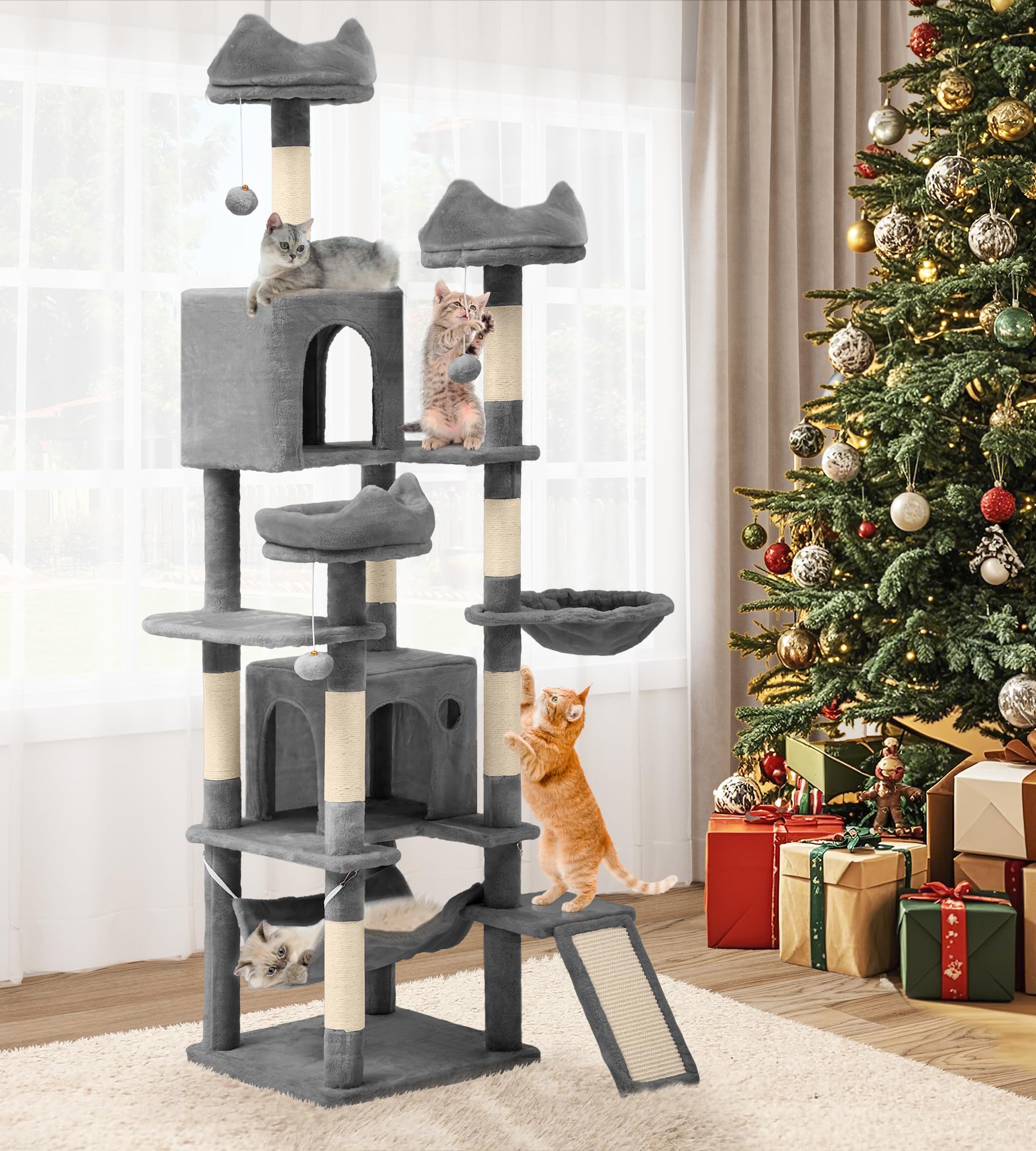 YITAHOME Tall Cat Tree for Indoor Cats, 75 inch Multi-Level Cat Tower with Cat Condos, Top Perches, Sisal Ramp Scratching Posts, Cozy Basket, Hammocks, Large Cat Pet Activity Structure,Pink: 75 inches Light Grey