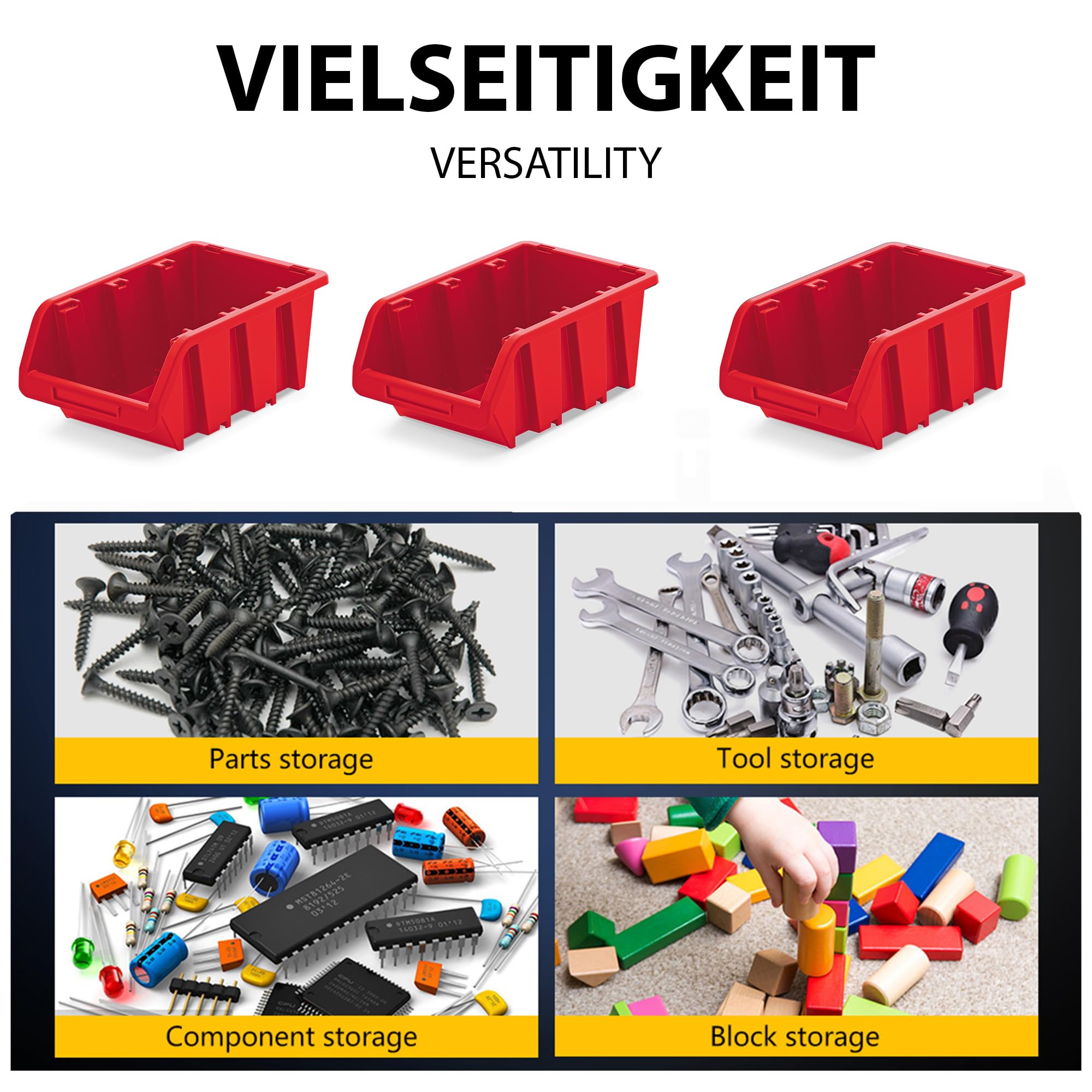 Lot de 5 boîtes empilables d'atelier en plastique PP - Boîtes de rangement pour mur à outils - Rouge - 39 x 24 cm