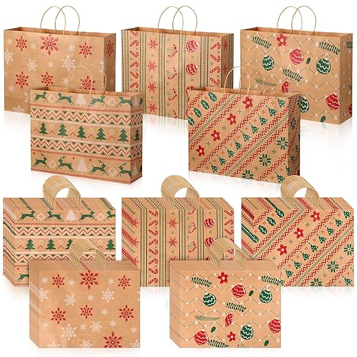 Zhanmai 50 Pcs Christmas Gift Bags Bulk with Handle 16 x 12 Inches Kraft Paper Bags 5 Designs Christmas Goody Bag Treat Bag for Holiday Xmas Gift Wrapping Packaging Christmas Party Favors Decoration