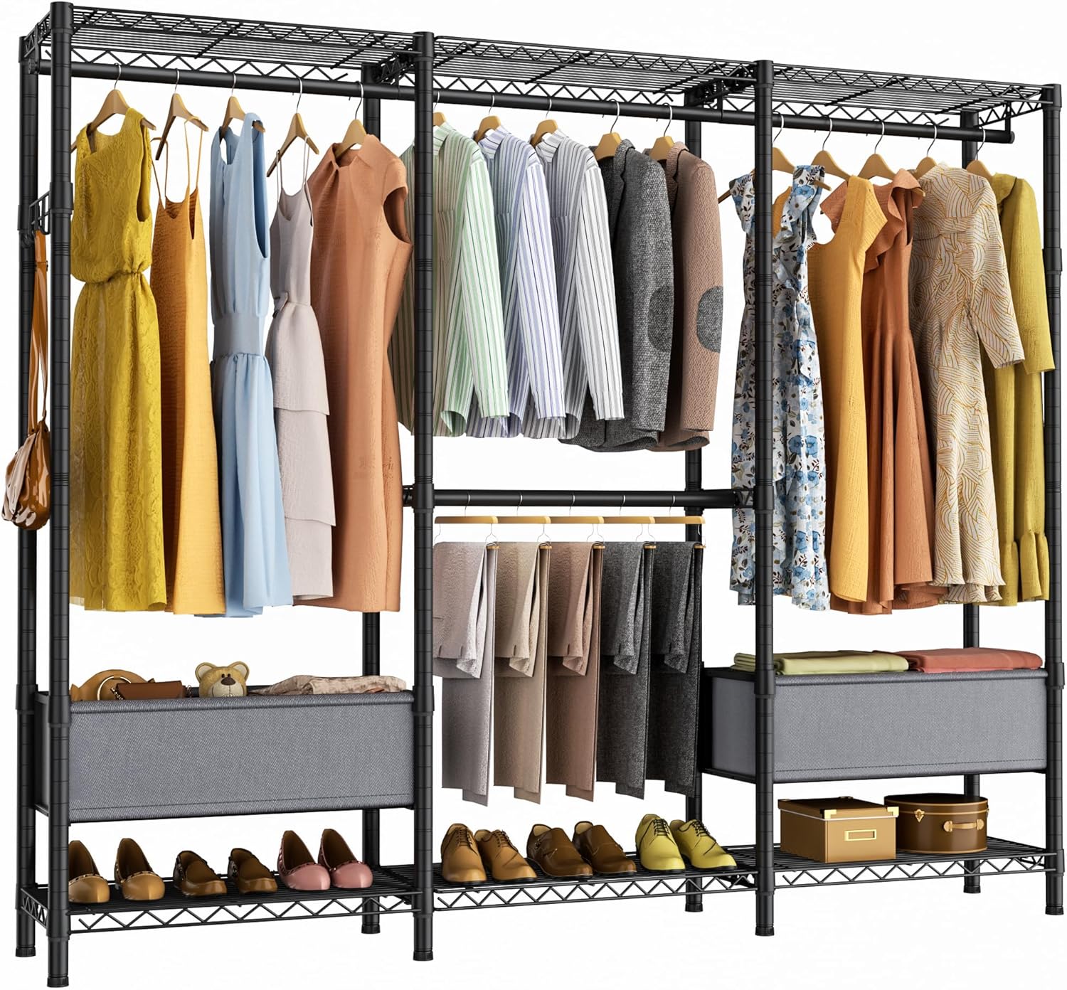 Freestanding Closet Heavy Duty Clothes Rack,Closet Organizers and Storage System with 6 Adjustable Shelves,4 Hang Rods,2 Fabric Baskets,2 Hooks,Metal Garment Rack Wardrobe,MaxLoad 800lbs Freestanding Closet Heavy Duty Clothes Rack,Closet Organizers and Storage System with 6 Adjustable Shelves,4 Hang Rods,2 Fabric Baskets,2 Hooks,Metal Garment Rack Wardrobe,MaxLoad 800lbs