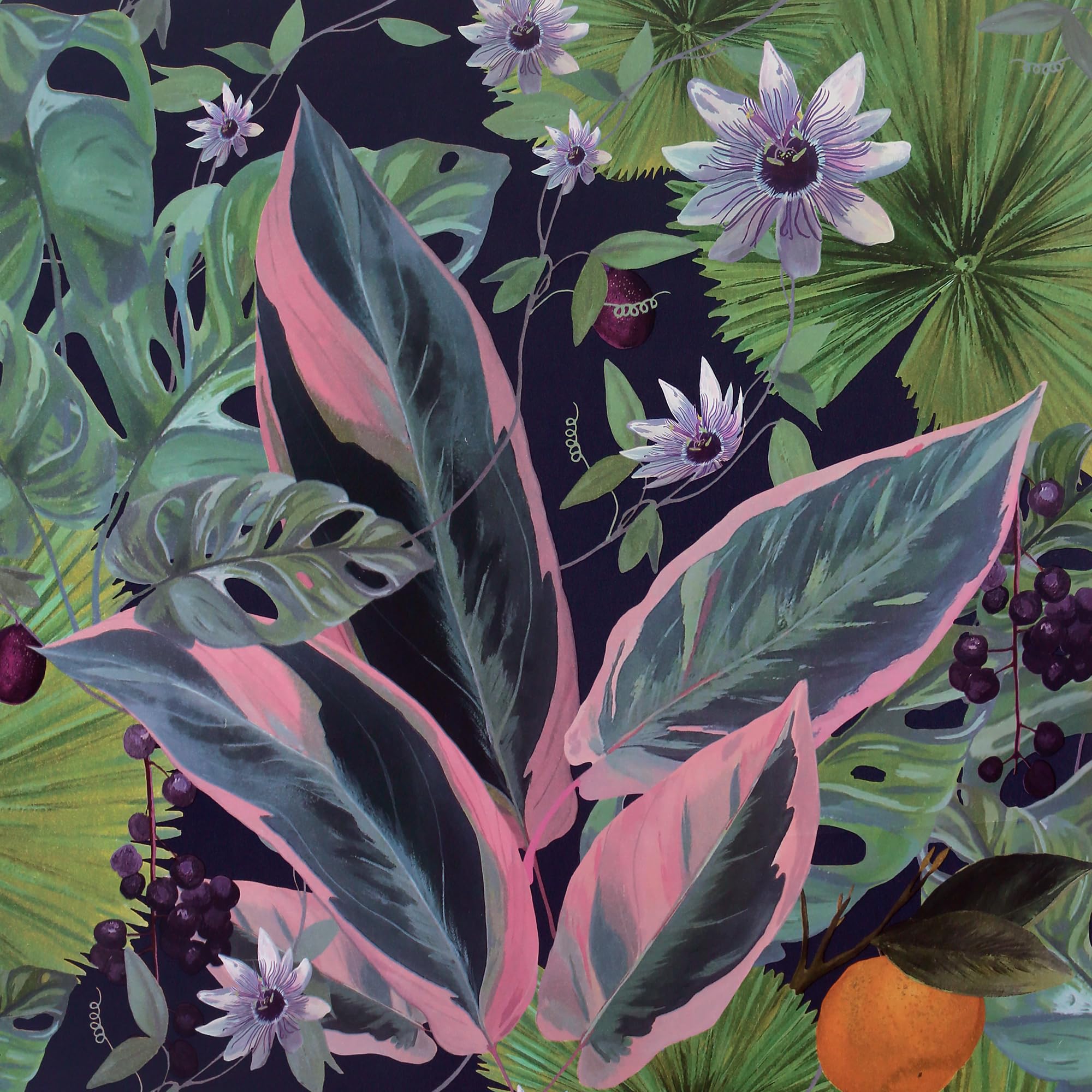 Arthouse Passion Flower Wallpaper, Navy Blue Multi Large Scale Exotic Foliage Intertwined, Fruit Salad Mix, Orange Blossom Groves 921703