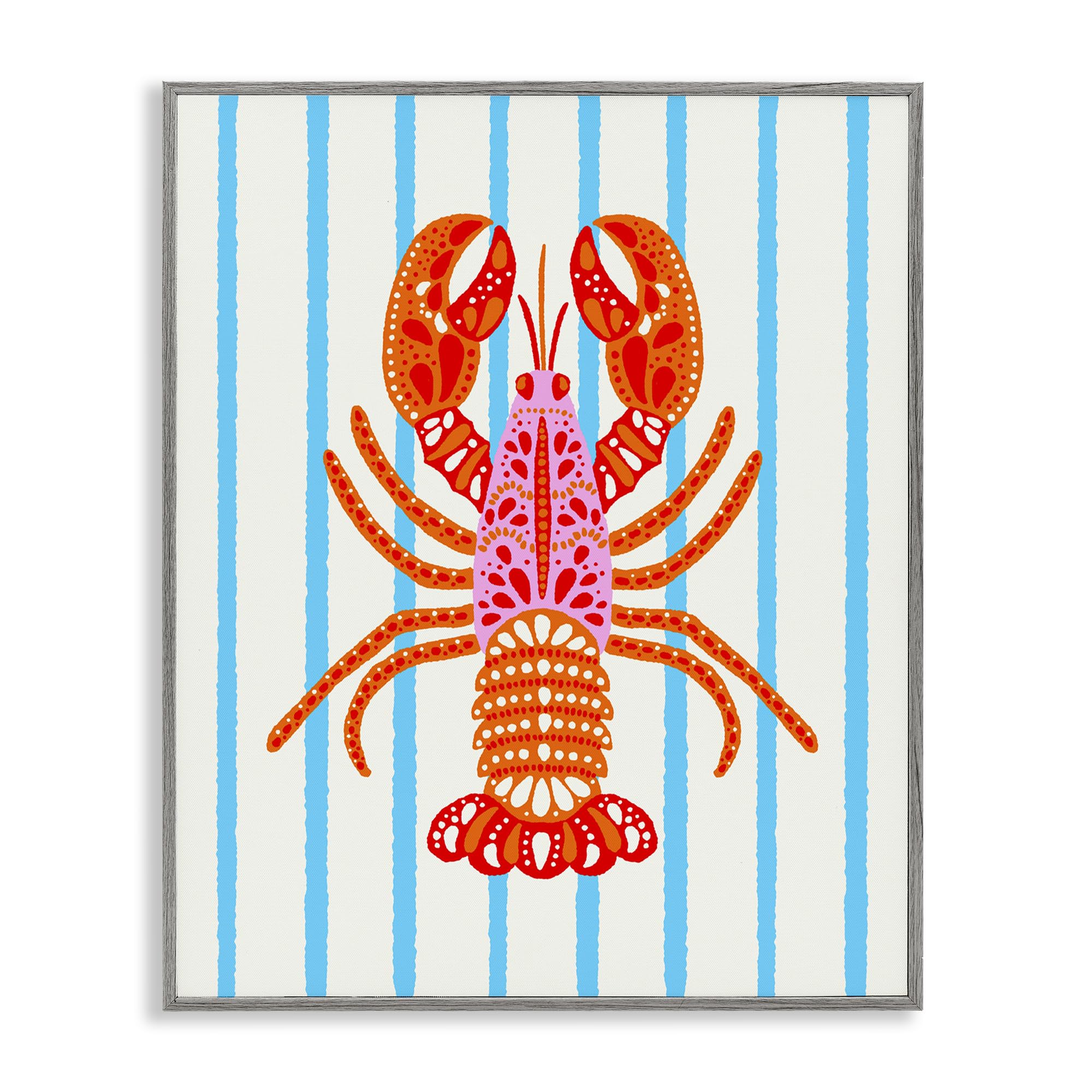 Stupell Industries 'Bright Boho Lobster on Stripes', Framed Giclee Art, Gray, 16 x 20 Inches, Easy to Hang and Sturdy, Made in USA, by Indira Prieto | IndySign