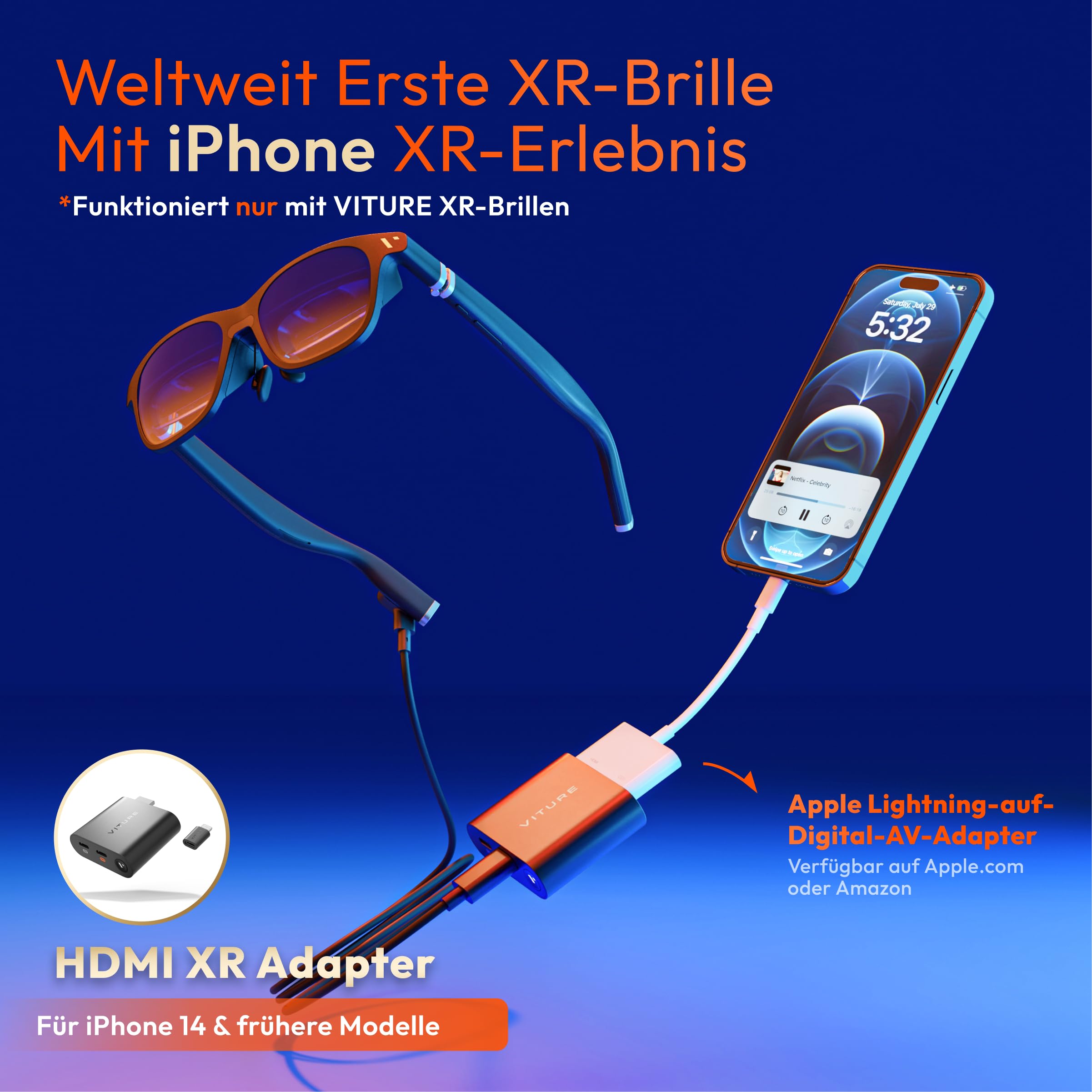 VITURE HDMI XR-Adapter für iPhone 14 & frühere Modelle, ermöglicht MultiScreen/verbesserte 3DoF/VR-Videos,2,8 Stunden Batterielaufzeit, Laden während des Spielens, Direkt auf PS/Xbx/konsolen