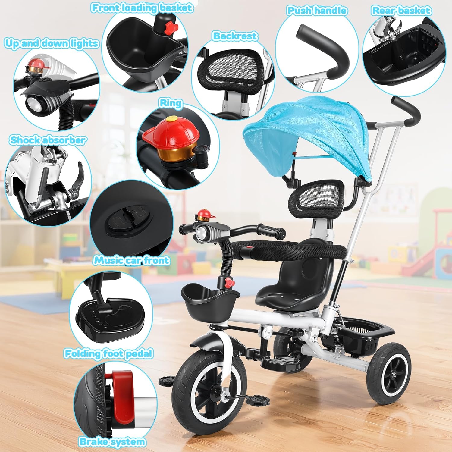 Folding Kids Tricycle with Adjustable Push Handle, Removable Canopy, 165 lbs Capacity, 6-in-1 Baby Trike for Ages 3-6, Storage Basket, Music Headlights (Blue)